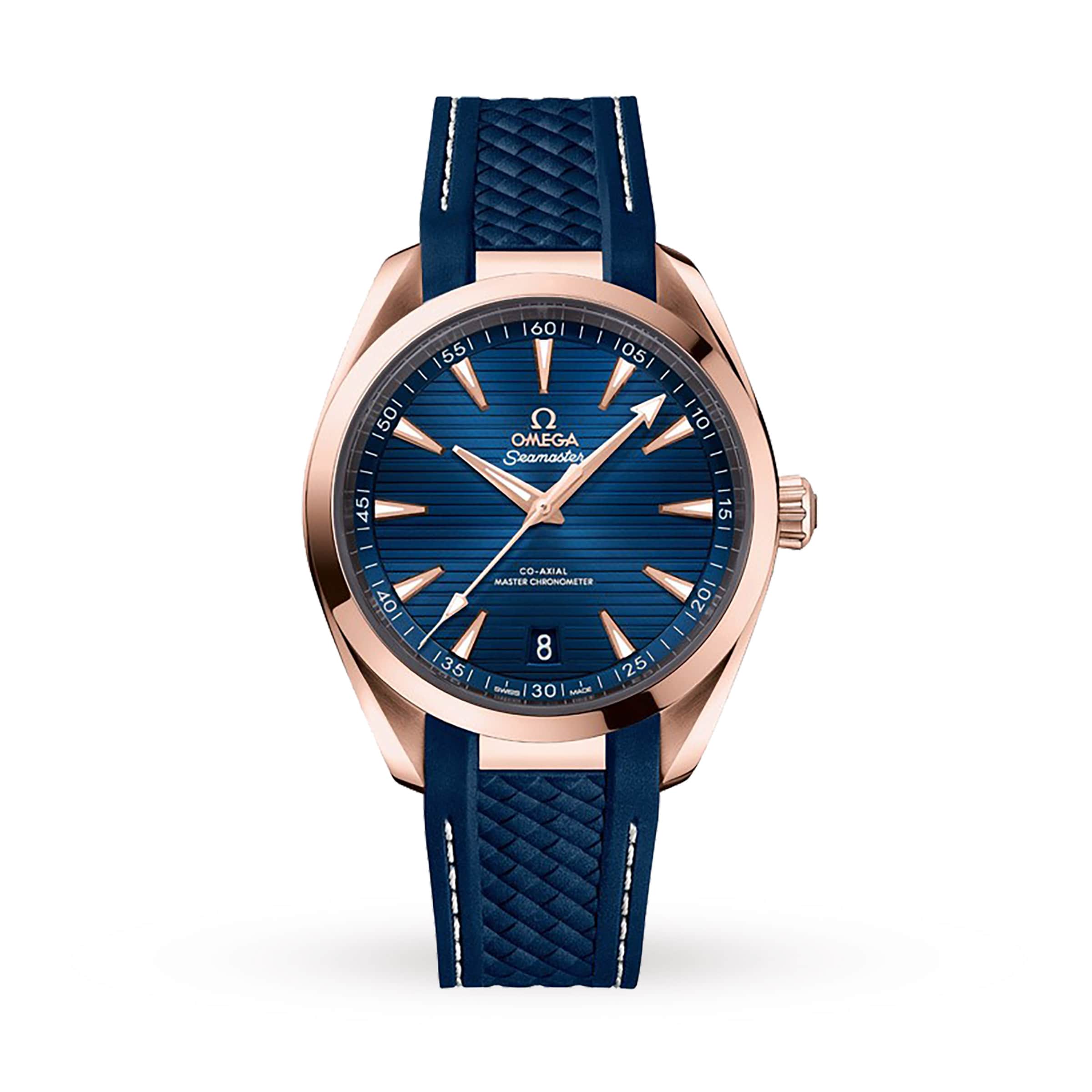 The OMEGA Seamaster Aqua Terra 150M features a gold case, blue textured dial with gold hour markers, and a blue rubber strap. It is powered by the Master Chronometer 8800 calibre and shown on a white background.