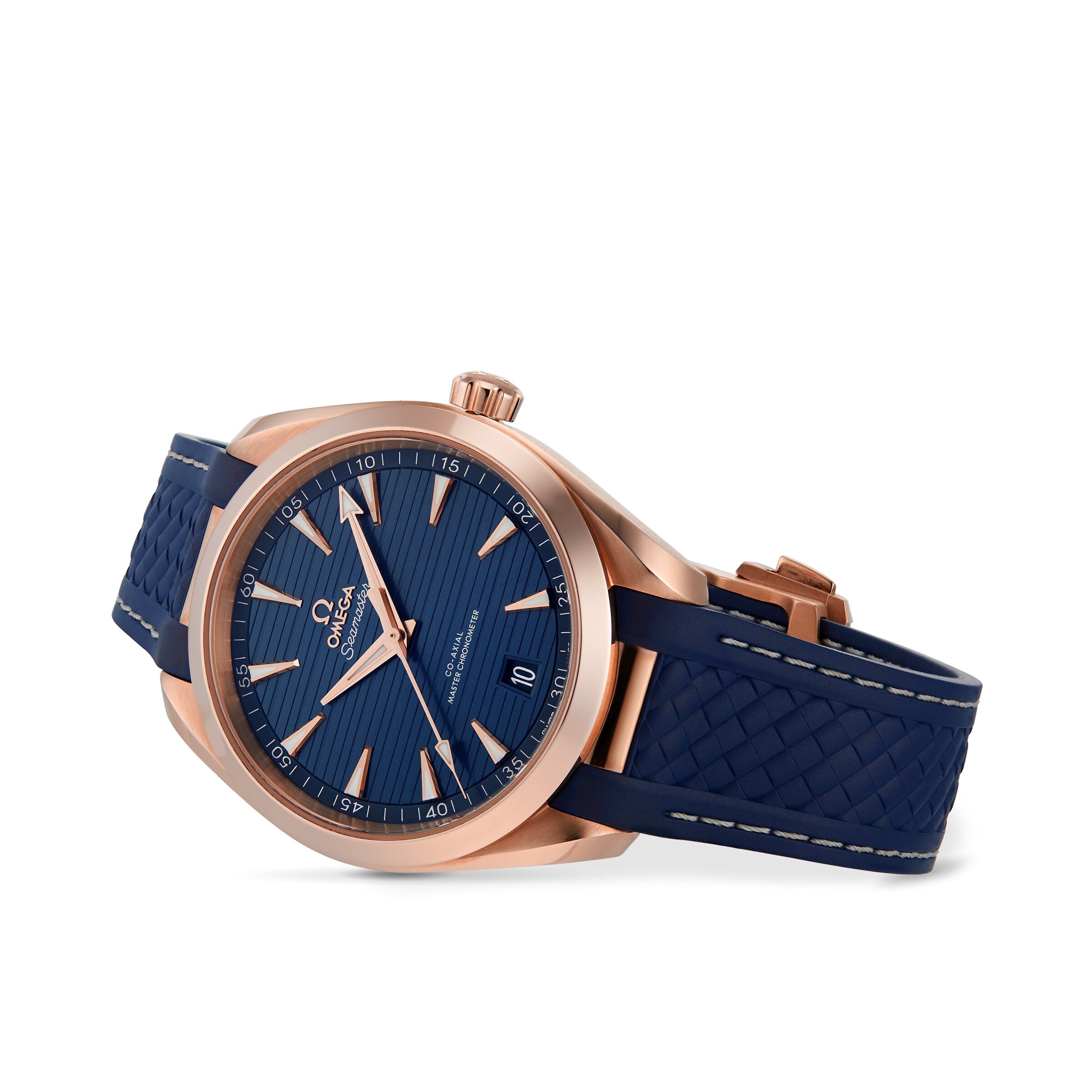 The OMEGA Seamaster Aqua Terra 150M is a rose gold wristwatch with a blue textured dial, date display, and blue rubber strap, powered by a Master Chronometer 8800 movement, shown against a plain white background.