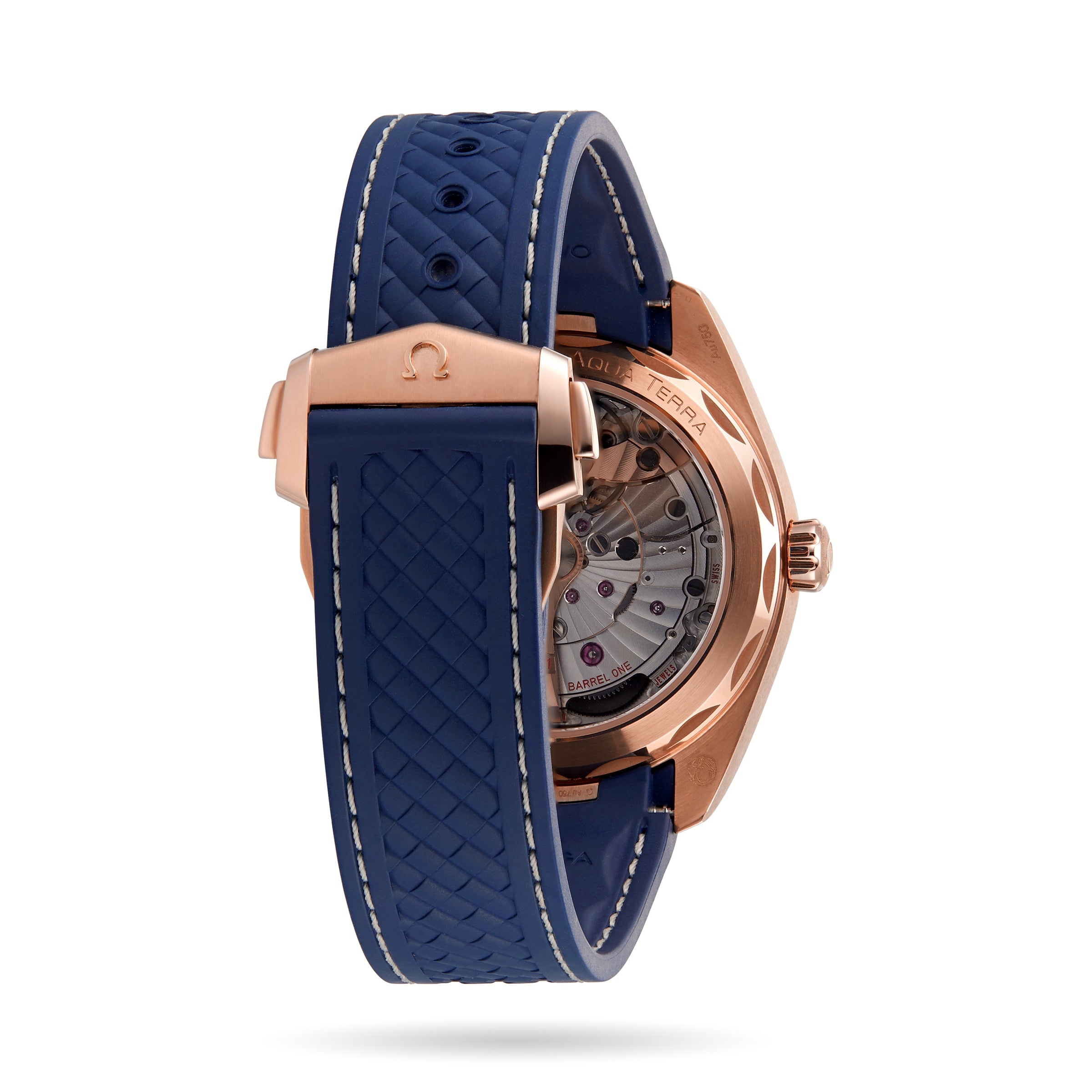 The OMEGA Seamaster Aqua Terra 150M in rose gold features a blue patterned rubber strap, displayed from the back to reveal its transparent case and 8800 calibre movement.
