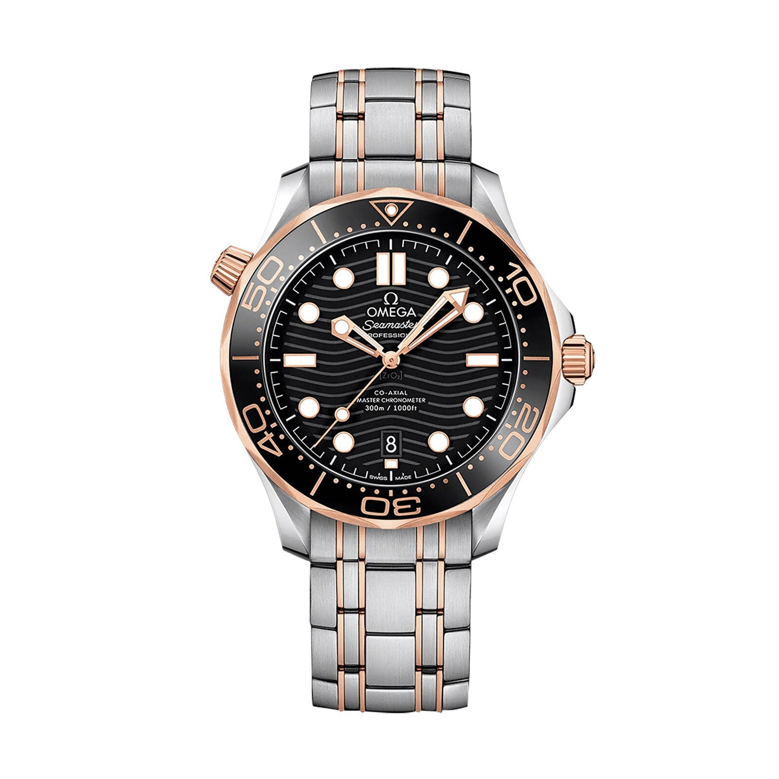 OMEGA Seamaster Diver 300M wristwatch featuring a black wavy dial, gold and silver bezel, date at 6 oclock, OMEGA Co-Axial movement, and a two-tone bracelet—a timepiece trusted by James Bond.