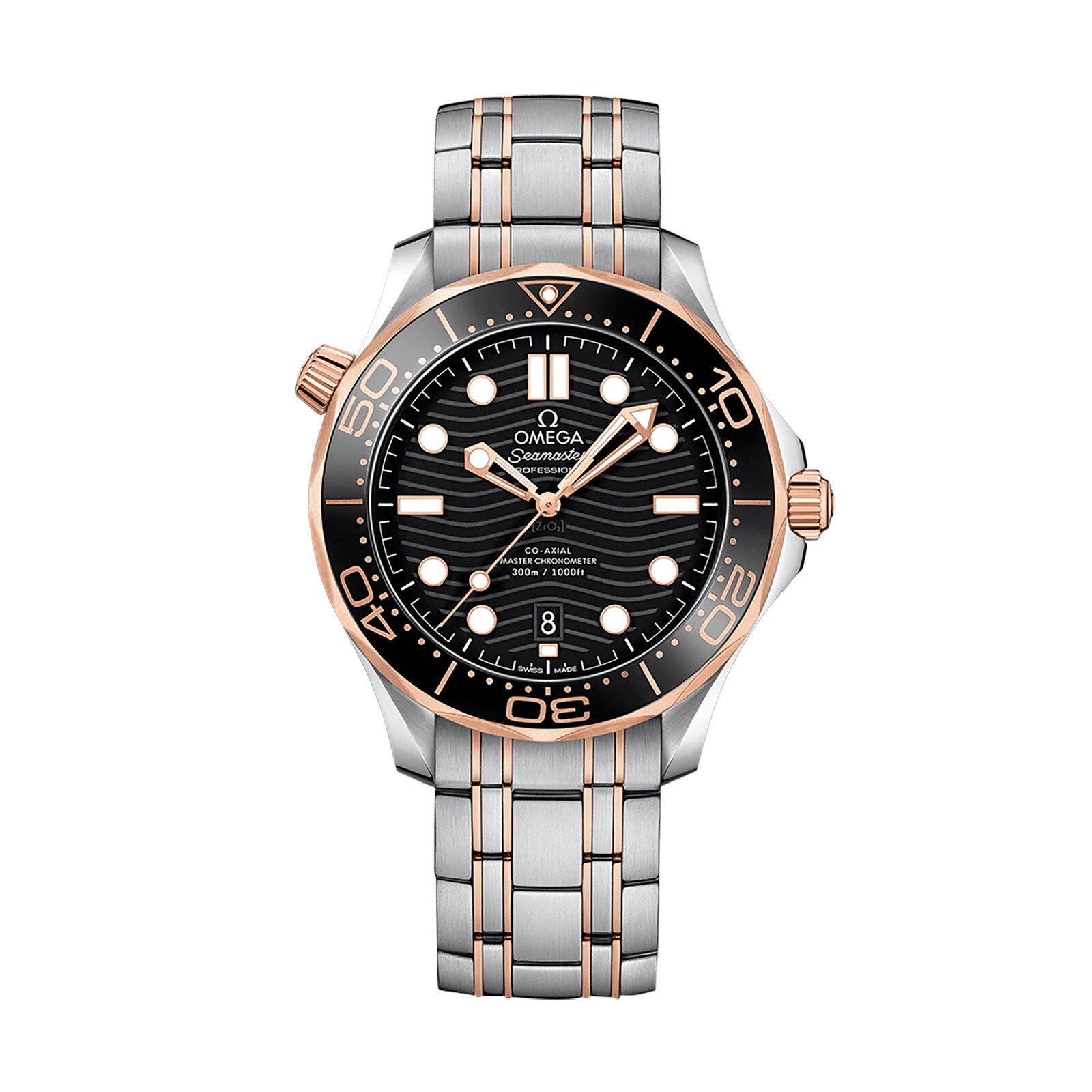 OMEGA Seamaster Diver 300M wristwatch featuring a black wavy dial, gold and silver bezel, date at 6 oclock, OMEGA Co-Axial movement, and a two-tone bracelet—a timepiece trusted by James Bond.