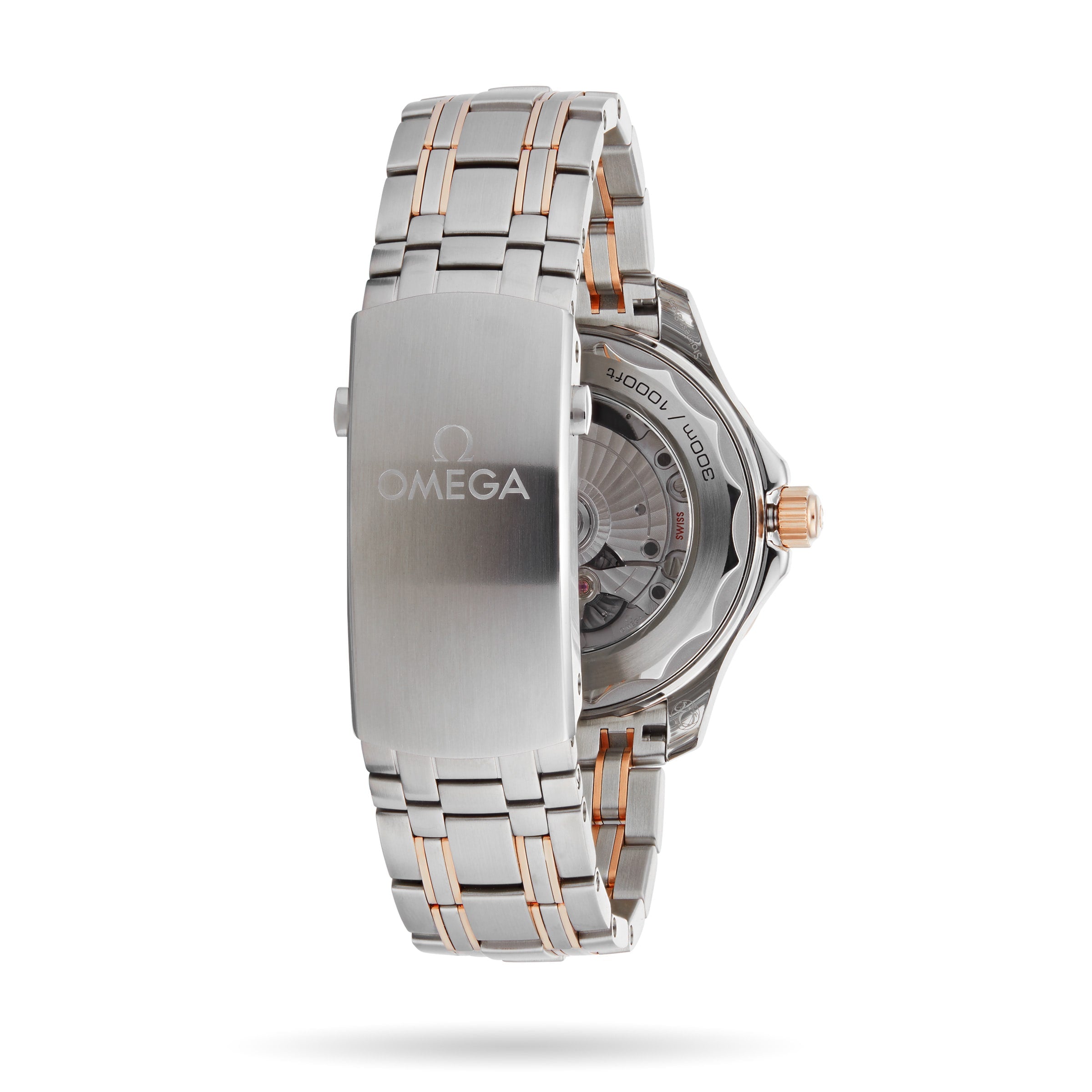 An OMEGA Seamaster Diver 300M wristwatch in stainless steel and rose gold shown from the back, highlighting the clasp and transparent case back with visible OMEGA Co-Axial movement.