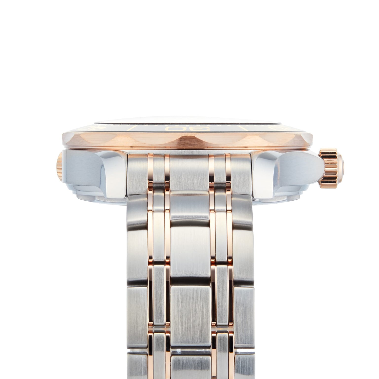 Close-up side view of the OMEGA Seamaster Diver 300M, showcasing its two-tone metal bracelet and ridged crown—an iconic wristwatch renowned for precision and favored by James Bond.