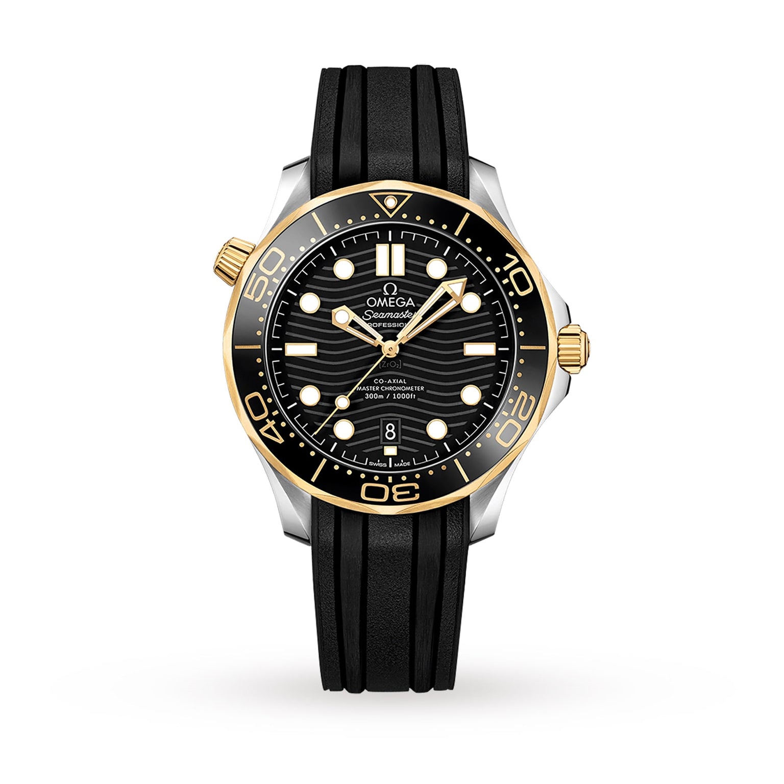The OMEGA Seamaster Diver 300M features a black and gold bezel, black strap, black wave-pattern dial with white hour markers, date at 6 o’clock, and is powered by the Co-Axial calibre 8800 Master Chronometer. Shown on a white background.