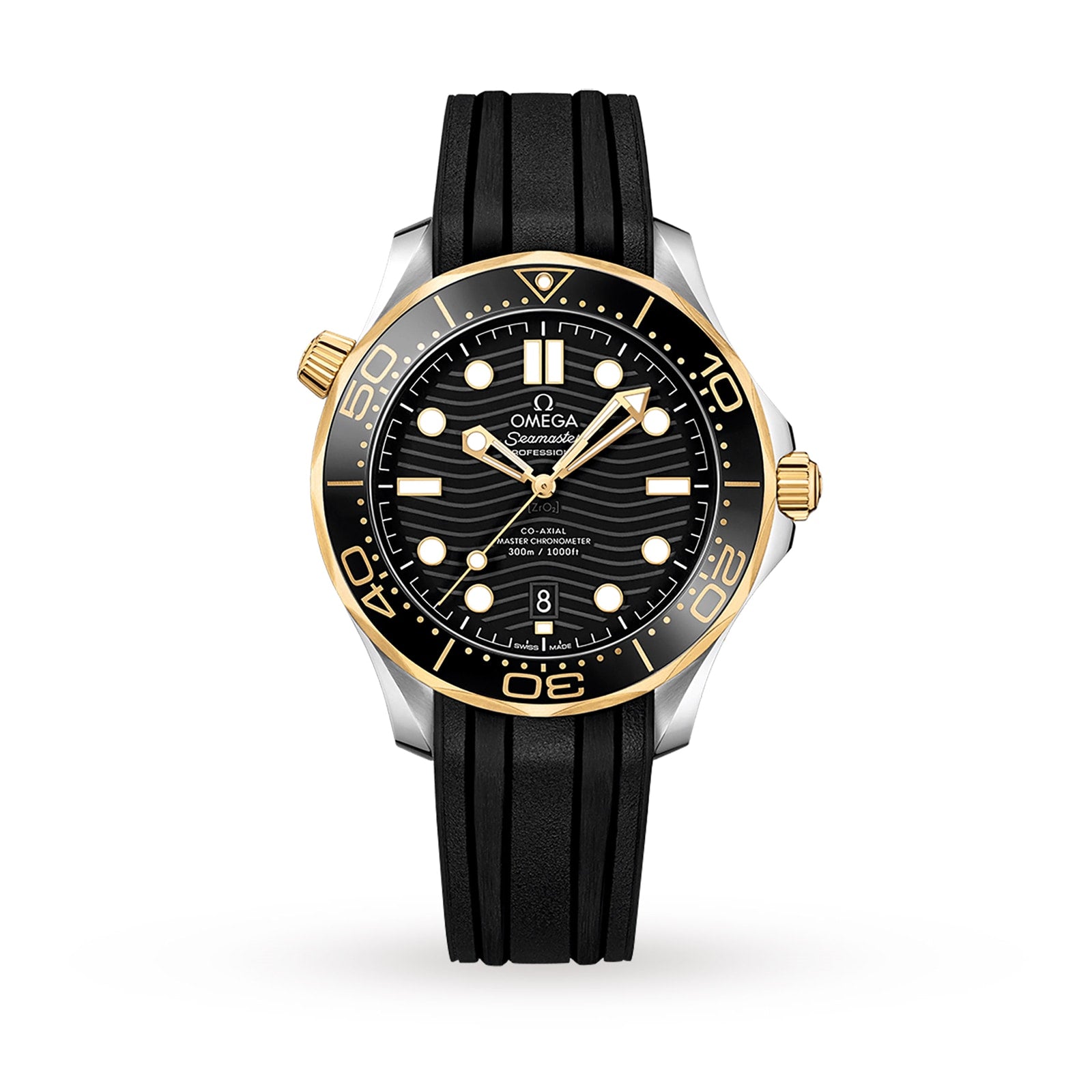 The OMEGA Seamaster Diver 300M features a black and gold bezel, black strap, black wave-pattern dial with white hour markers, date at 6 o’clock, and is powered by the Co-Axial calibre 8800 Master Chronometer. Shown on a white background.
