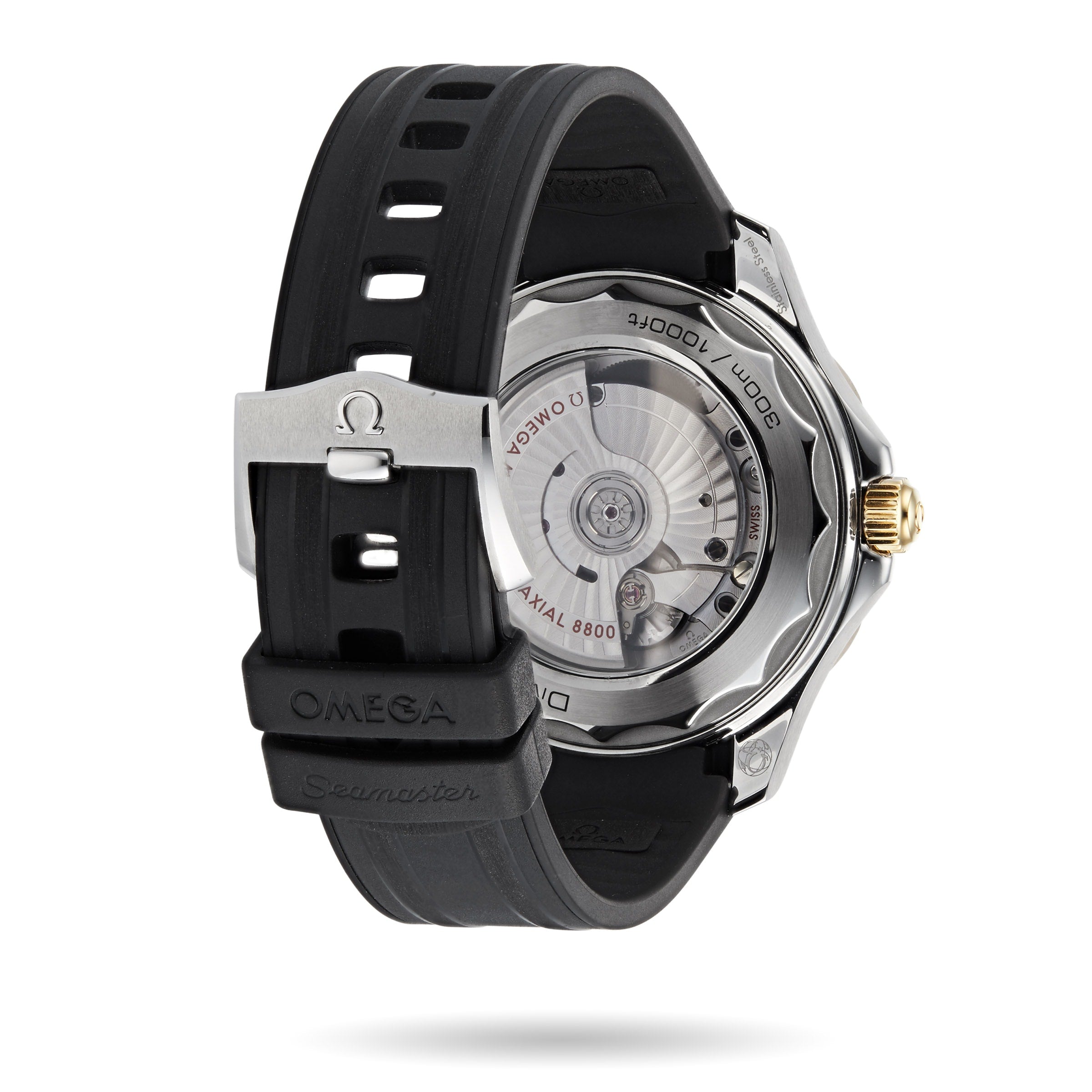 The image displays the reverse of the OMEGA Seamaster Diver 300M, featuring a transparent case back that showcases its Co-Axial calibre 8800 movement and a black rubber strap with an Omega-branded clasp.