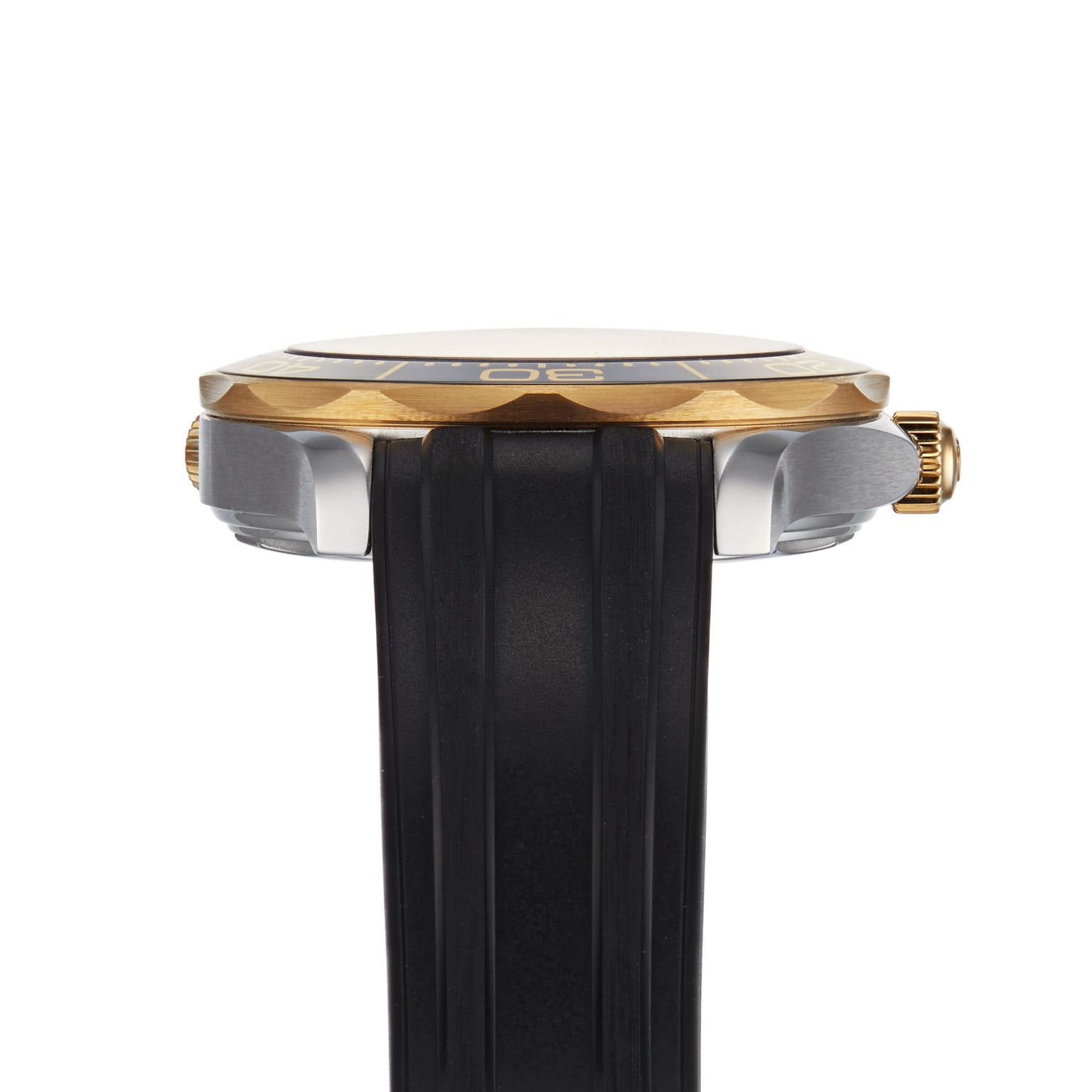 Side view of the OMEGA Seamaster Diver 300M, featuring a gold and silver case, black bezel, and black rubber strap. The right-side crown highlights its Master Chronometer certified Co-Axial calibre 8800 movement.