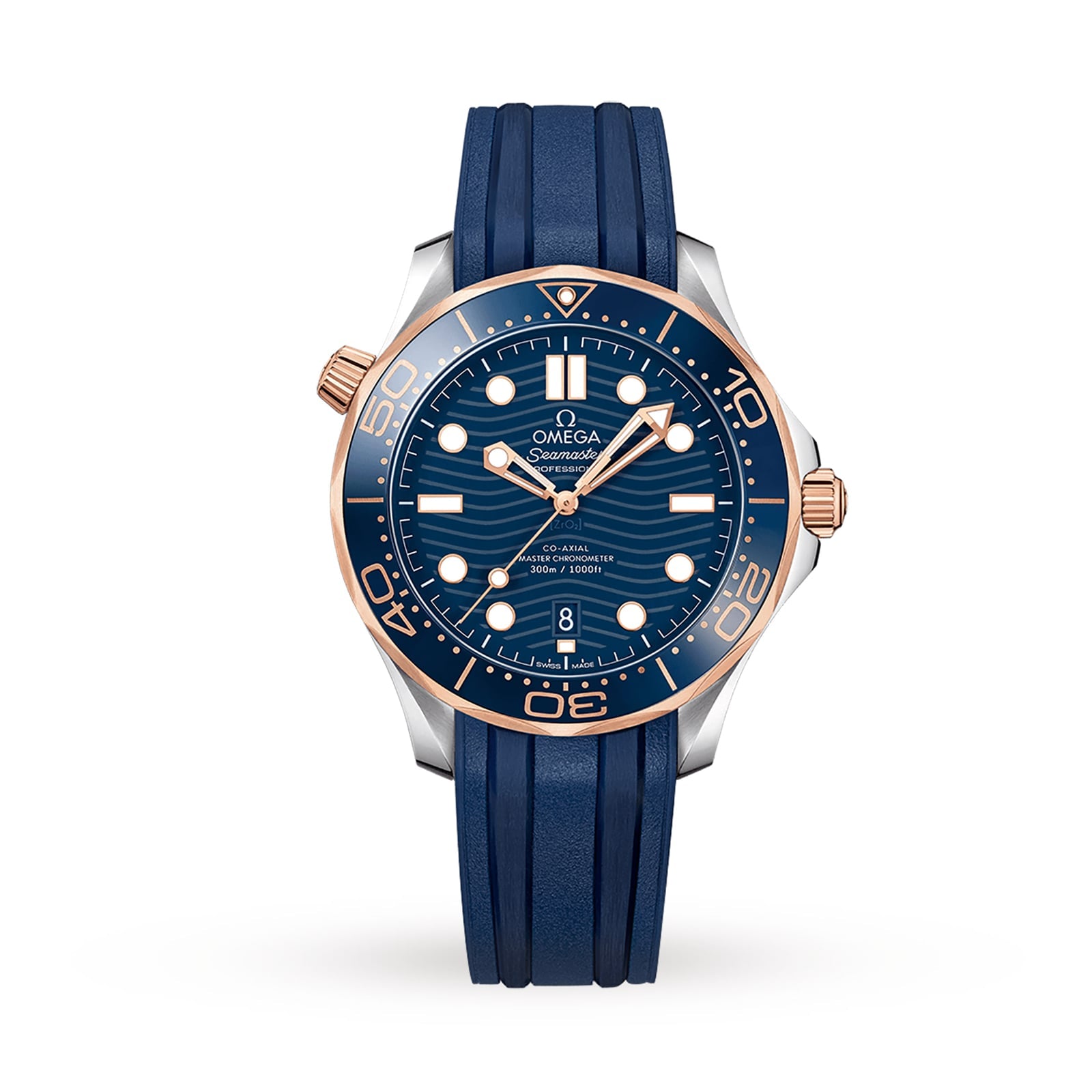 The OMEGA Seamaster Diver 300M features a blue rubber strap, gold bezel, patterned blue dial with white markers, date at 6 o’clock, and is powered by the Co-Axial calibre 8800 Master Chronometer movement.
