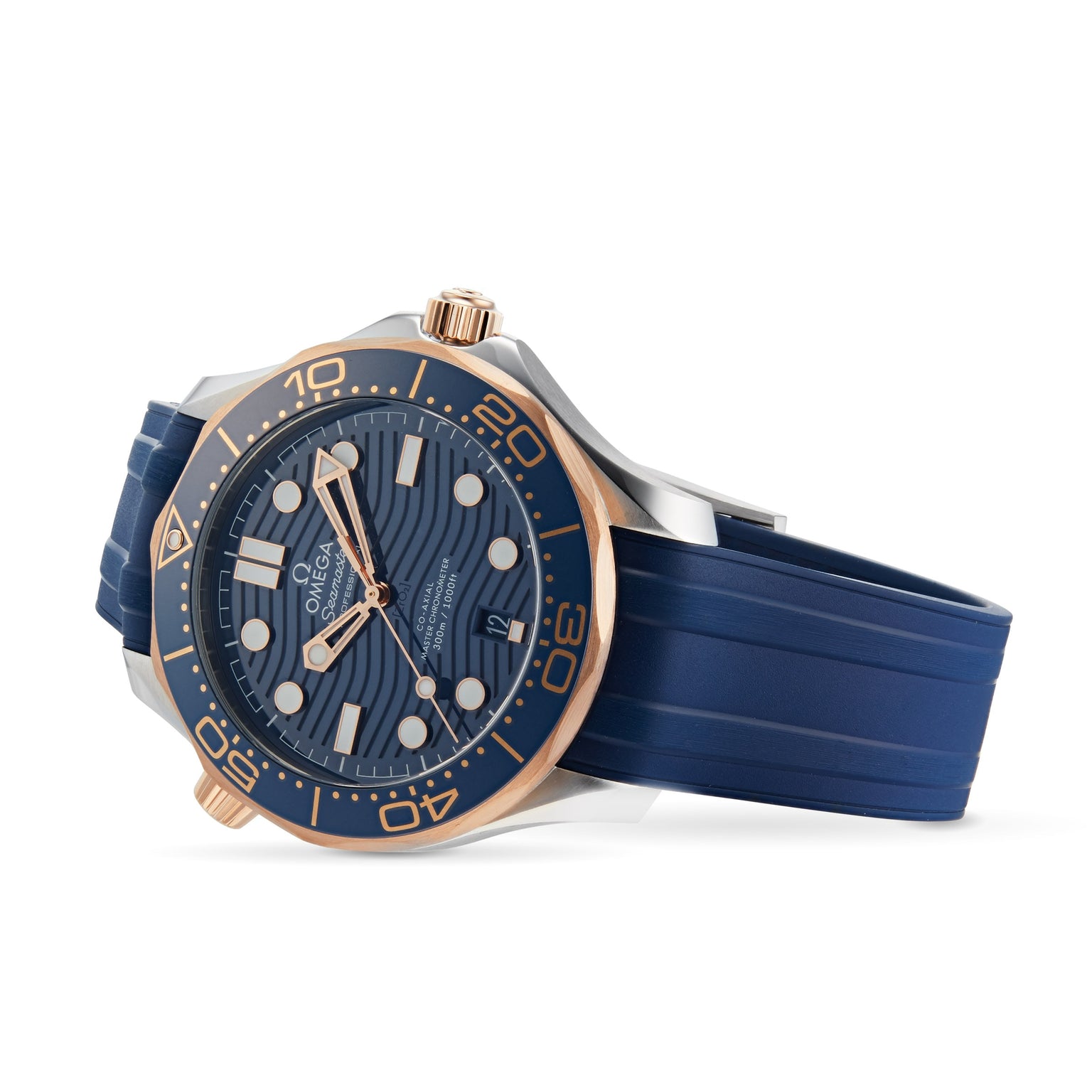 The OMEGA Seamaster Diver 300M is a luxury watch featuring a blue dial and strap, rose gold bezel and crown, bold hour markers, rotating bezel, and is powered by the Co-Axial calibre 8800 Master Chronometer movement.