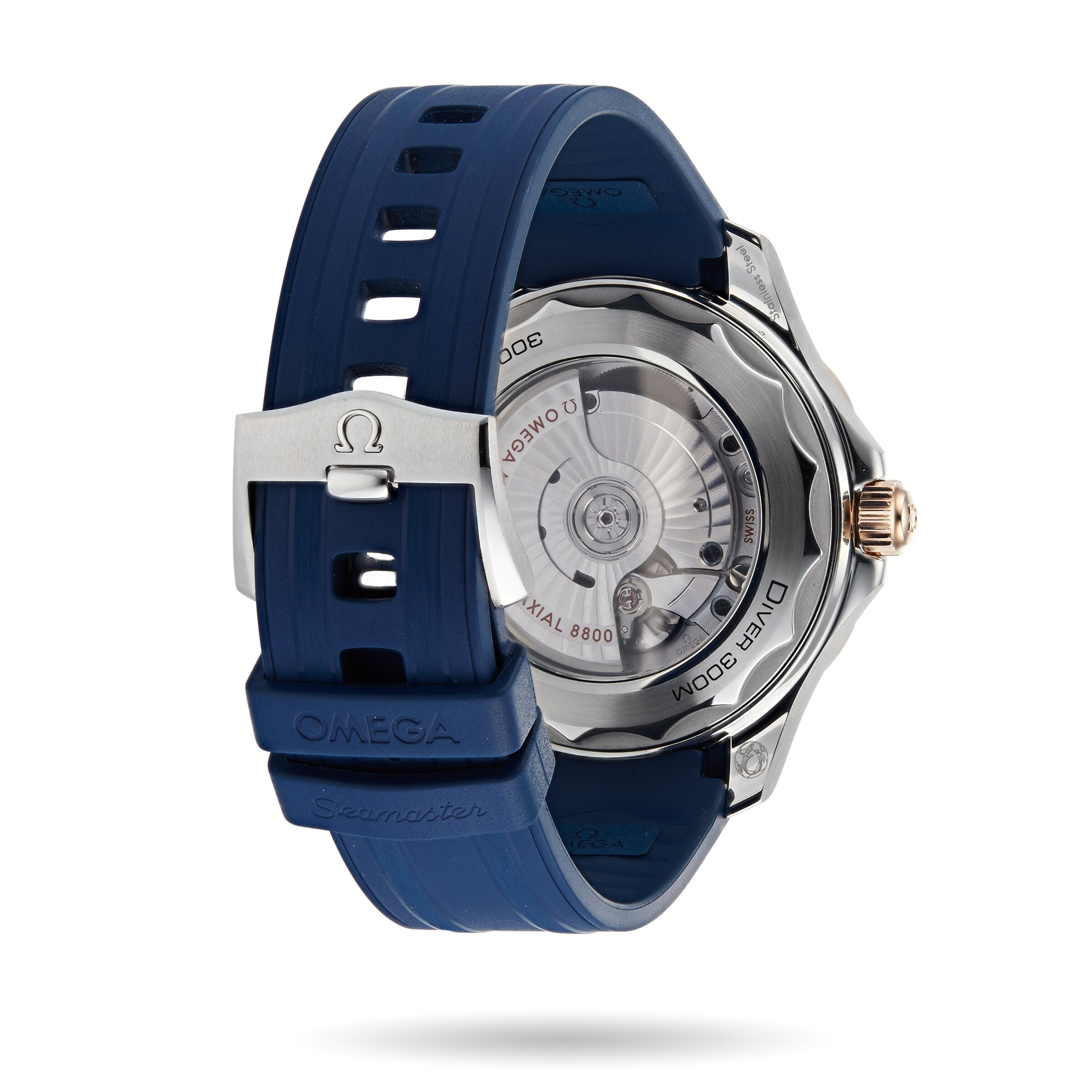 Back view of the OMEGA Seamaster Diver 300M with a blue rubber strap, highlighting its transparent caseback and OMEGA Co-Axial Master Chronometer calibre 8800 movement.
