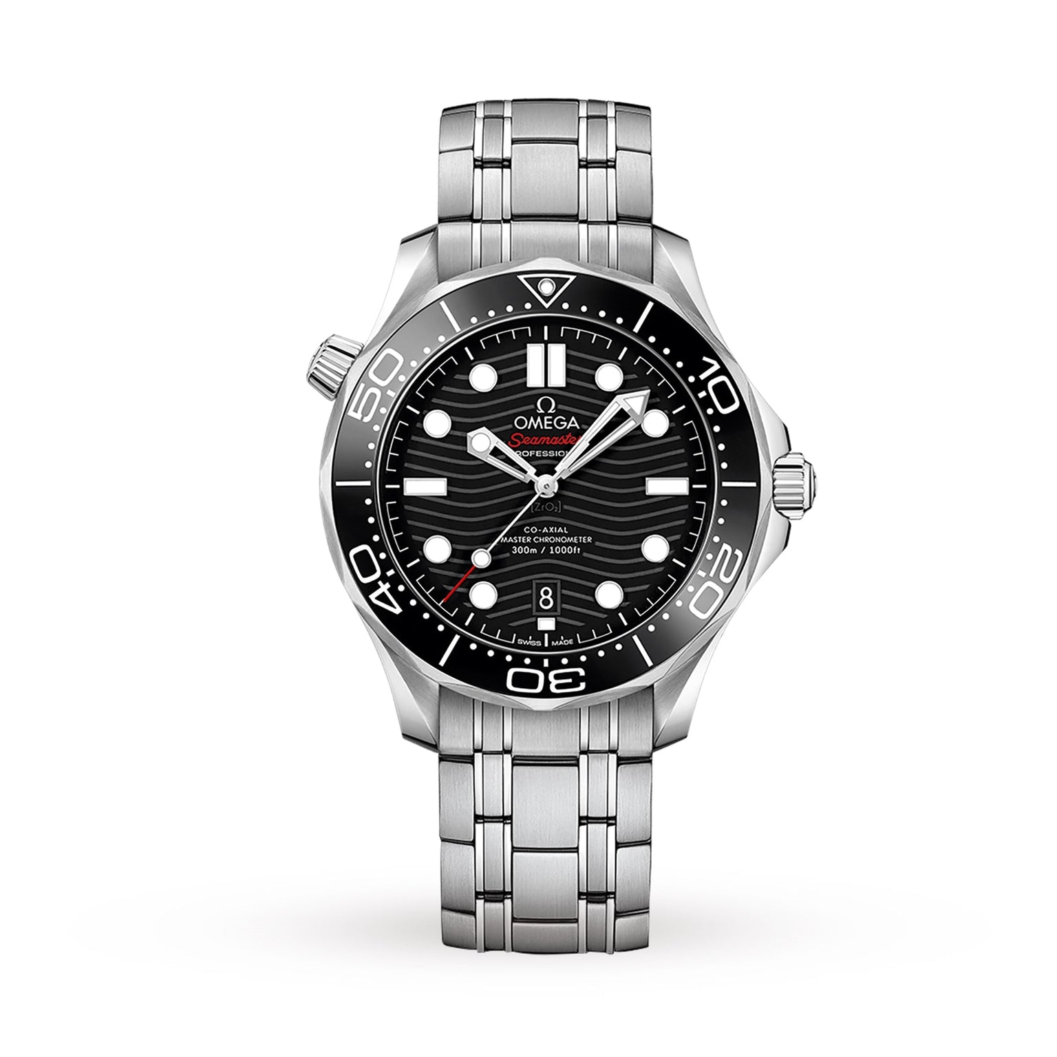 The OMEGA Seamaster Diver 300M features a stainless steel case, black wave-patterned dial, white hour markers, date at 6 o’clock, and a unidirectional bezel—iconic as the legendary Bond Watch.