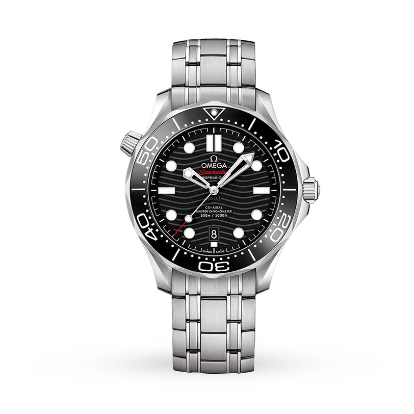 The OMEGA Seamaster Diver 300M features a stainless steel case, black wave-patterned dial, white hour markers, date at 6 o’clock, and a unidirectional bezel—iconic as the legendary Bond Watch.