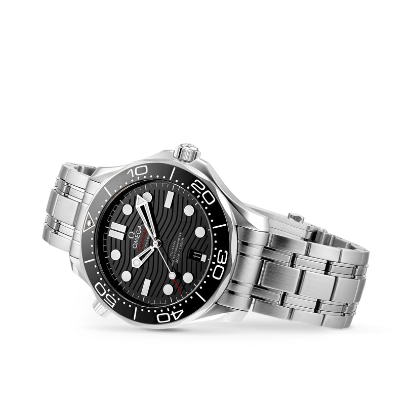 The OMEGA Seamaster Diver 300M features a stainless steel case, black dial with white hour markers, silver hands, and a metal link band, displayed against a plain white background.