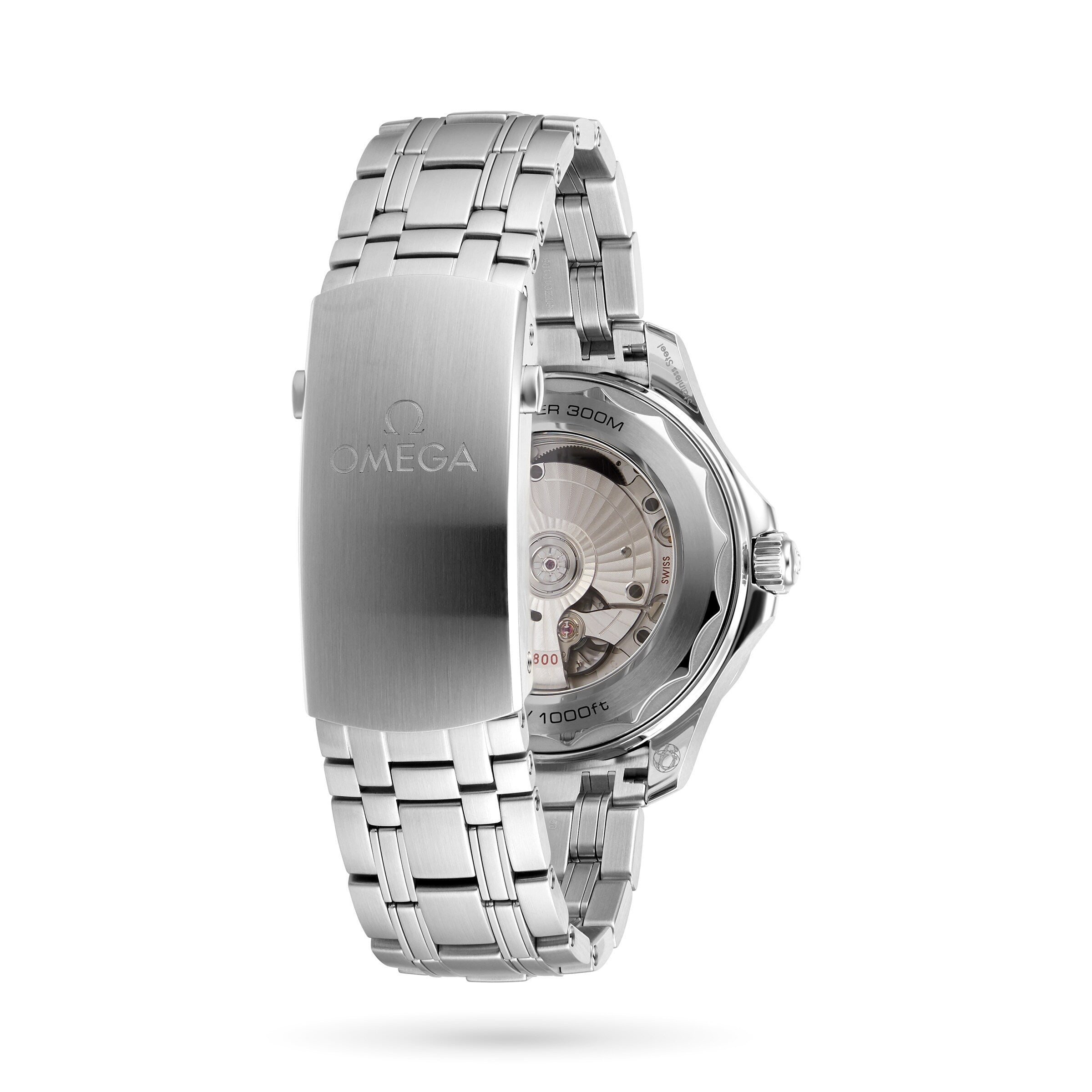 An OMEGA Seamaster Diver 300M wristwatch photographed from the back, showing its engraved clasp and transparent case back that reveals the movement—an iconic Bond watch.