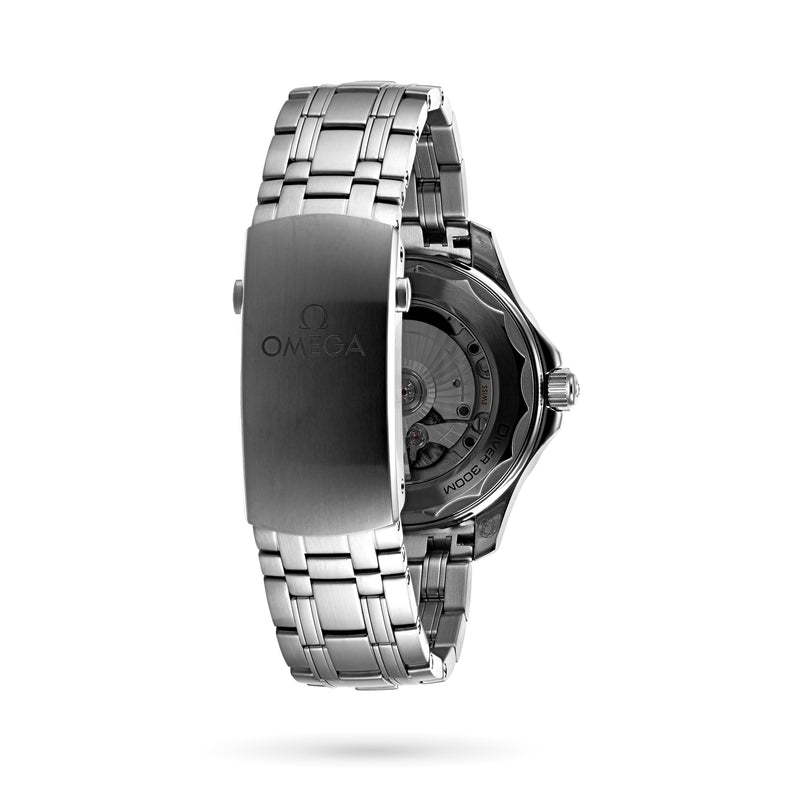 An OMEGA Seamaster Diver 300M wristwatch displayed from the back, showcasing its stainless steel bracelet and the visible OMEGA Calibre 8800 automatic movement through the caseback.