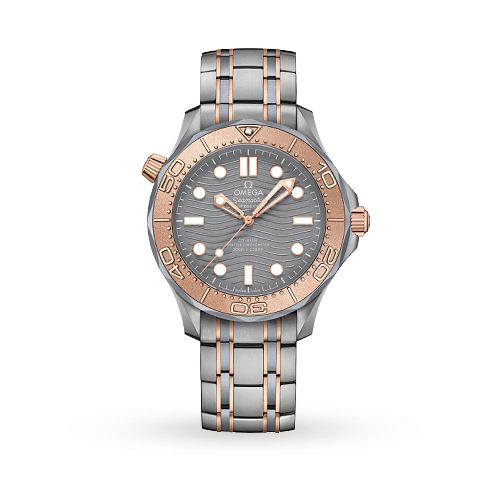 The OMEGA Seamaster Diver 300M is a silver and rose gold wristwatch with a grey dial, round hour markers, metal link bracelet, and features a precise Co-Axial Master Chronometer movement.