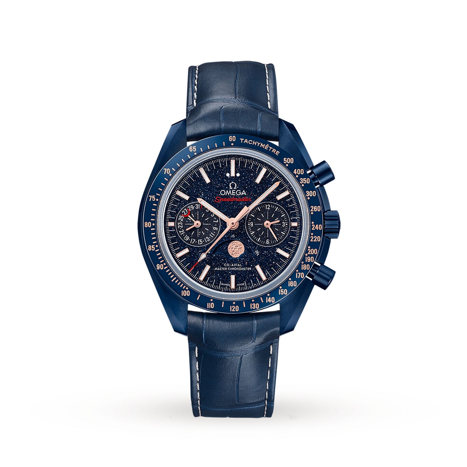 The OMEGA Speedmaster 44 Ceramic wristwatch features a textured dark blue dial, rose gold-tone markers, three subdials, Moonphase indicator, tachymeter bezel, and a blue leather strap against a white background.