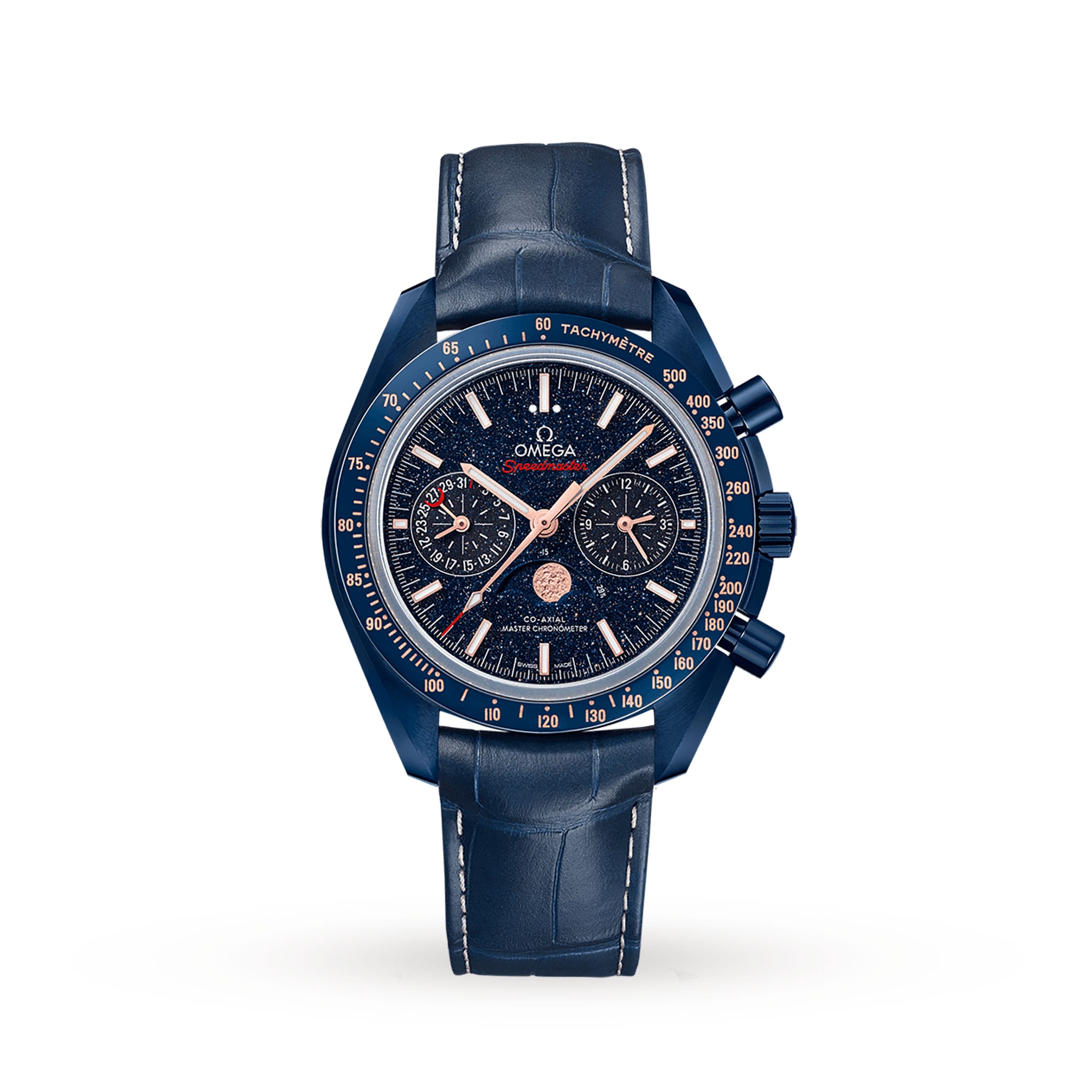 The OMEGA Speedmaster 44 Ceramic wristwatch features a textured dark blue dial, rose gold-tone markers, three subdials, Moonphase indicator, tachymeter bezel, and a blue leather strap against a white background.