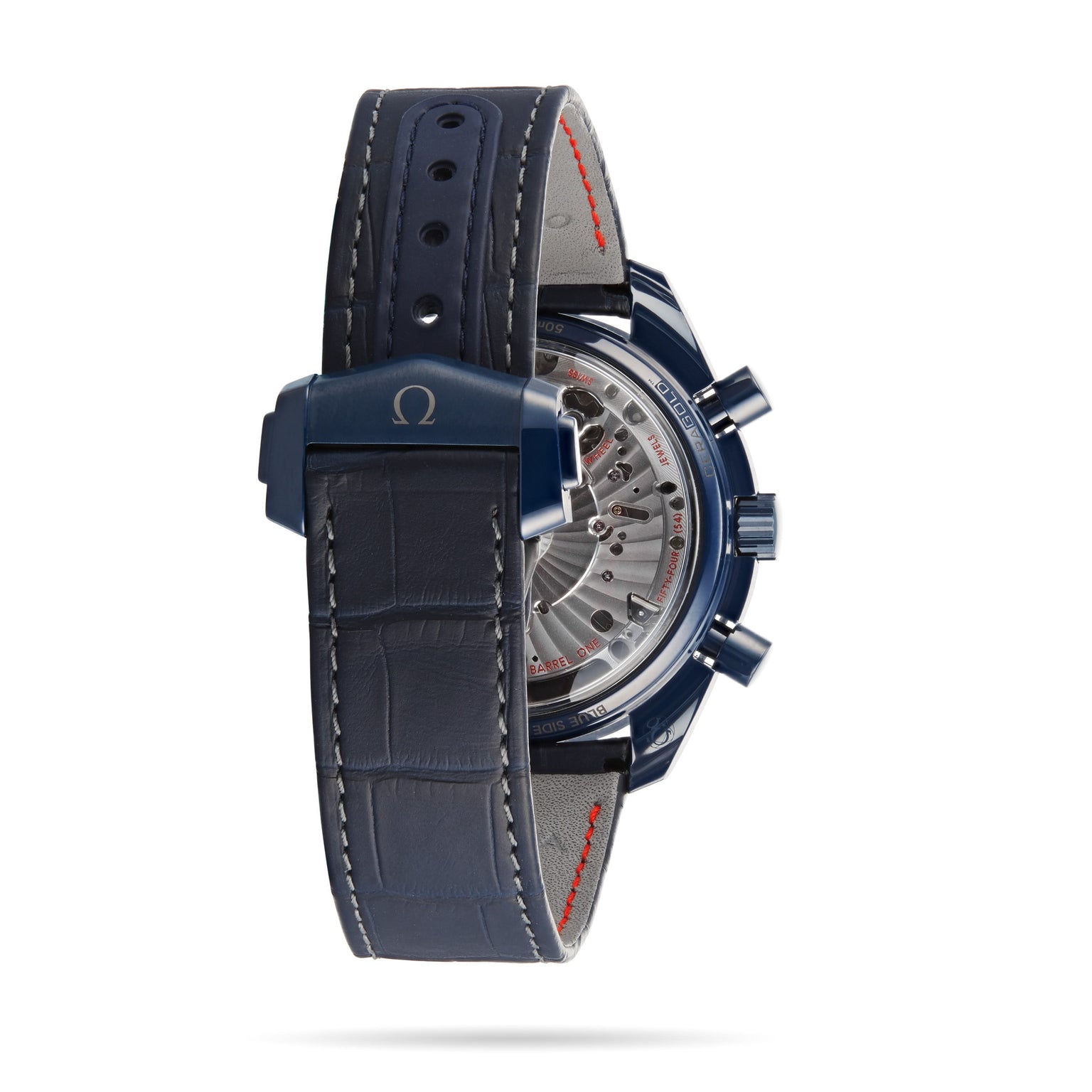 A close-up of the back of a blue OMEGA Speedmaster 44 Ceramic watch with a leather strap, highlighting the clasp and exposed calibre 9904 movement.