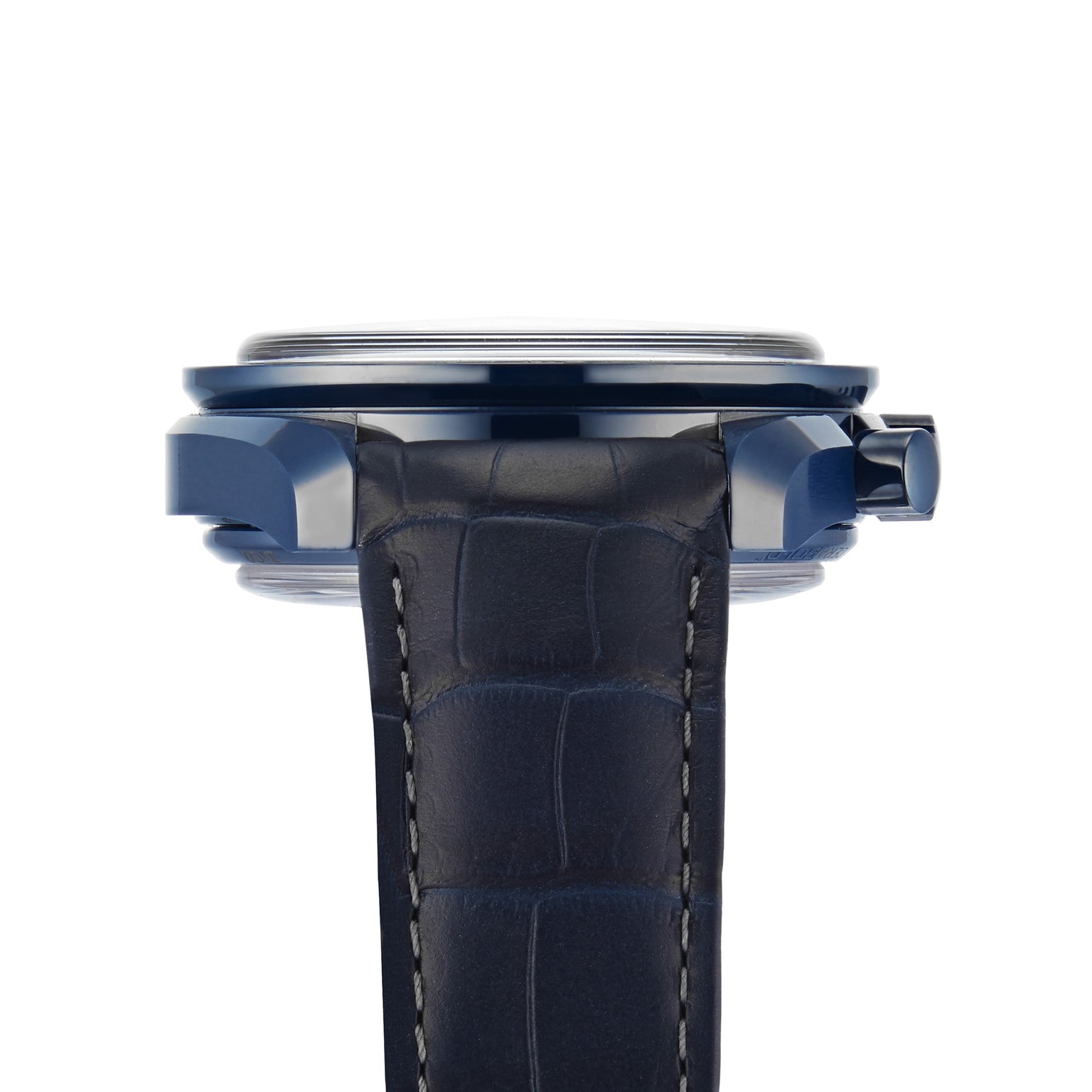 Close-up side view of the OMEGA Speedmaster 44 Ceramic, featuring a blue case, round bezel, dark textured leather strap, and iconic Moonphase indicator.