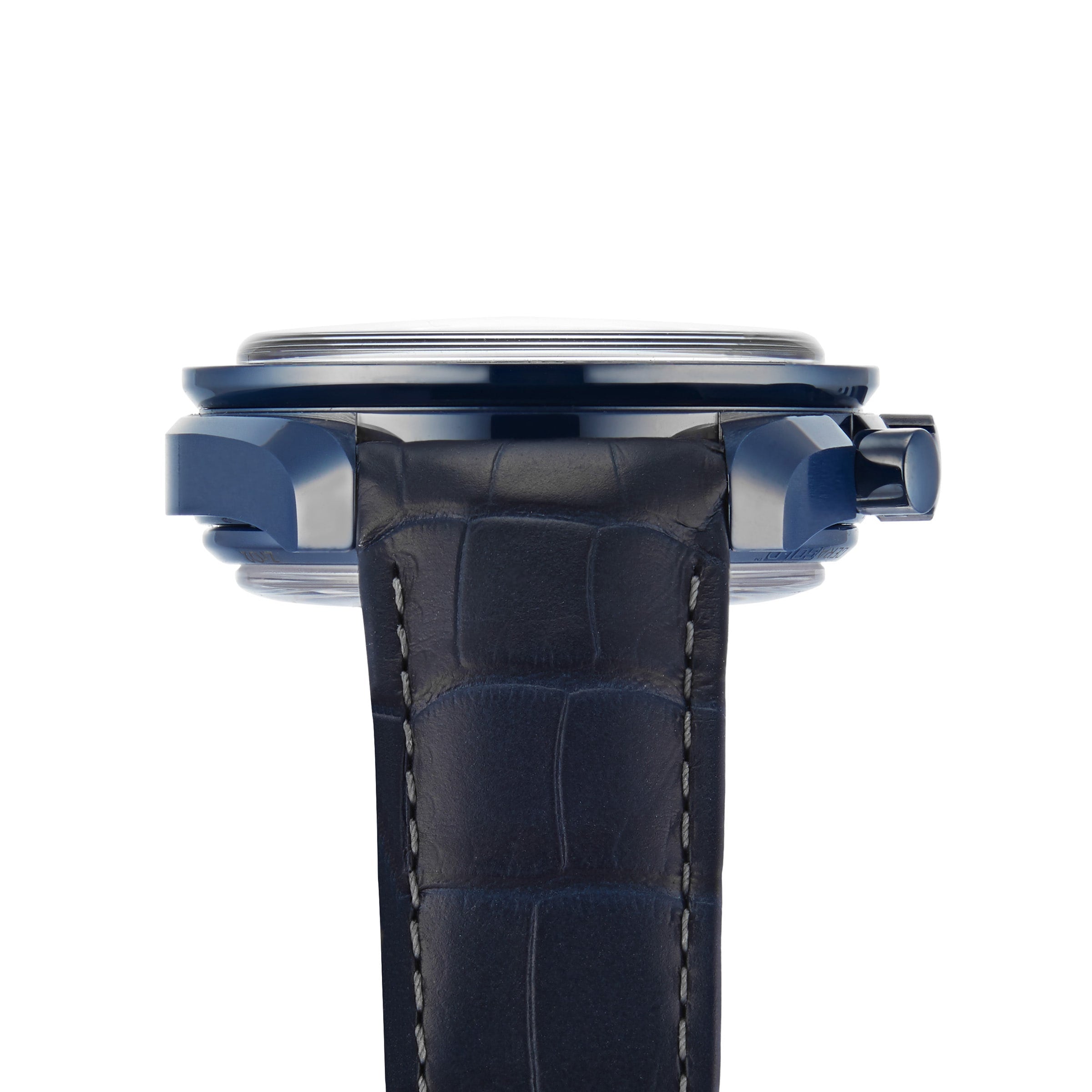 Close-up side view of the OMEGA Speedmaster 44 Ceramic, featuring a blue case, round bezel, dark textured leather strap, and iconic Moonphase indicator.