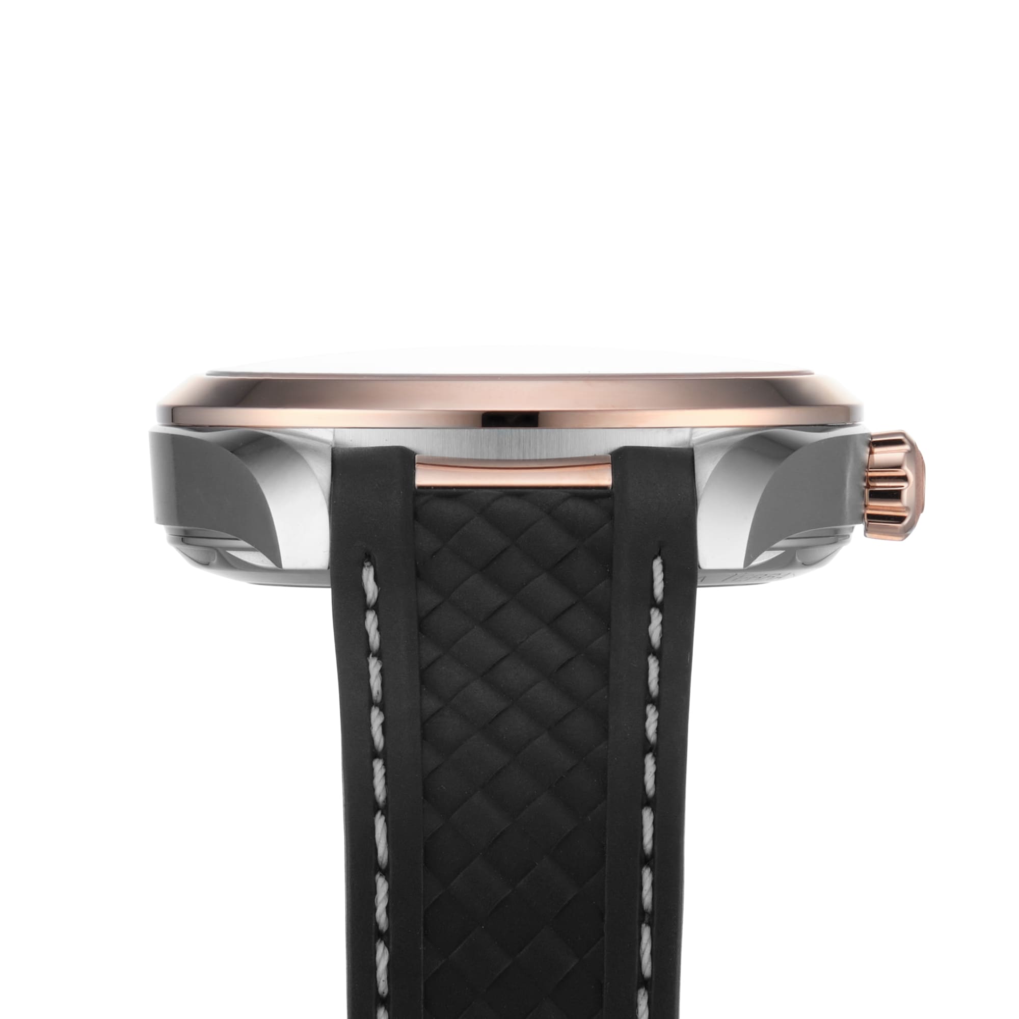 Side view of the OMEGA Seamaster Aqua Terra 150M wristwatch featuring a black textured strap with white stitching and a rose gold crown on a silver case.
