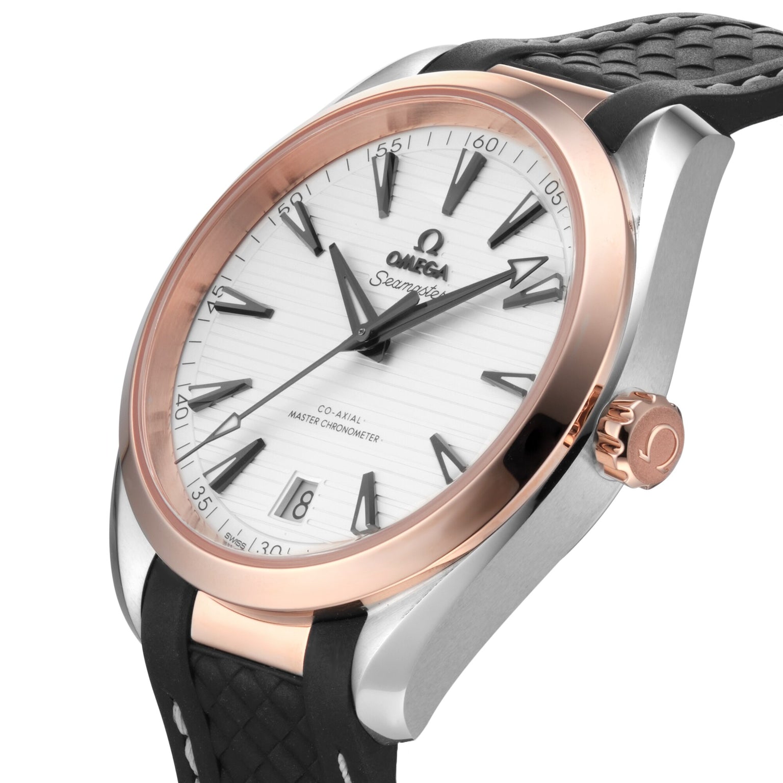 A close-up of the OMEGA Seamaster Aqua Terra 150M wristwatch featuring a white textured dial, black hour markers, rose gold bezel, and black textured strap; certified as a Master Chronometer for precision.