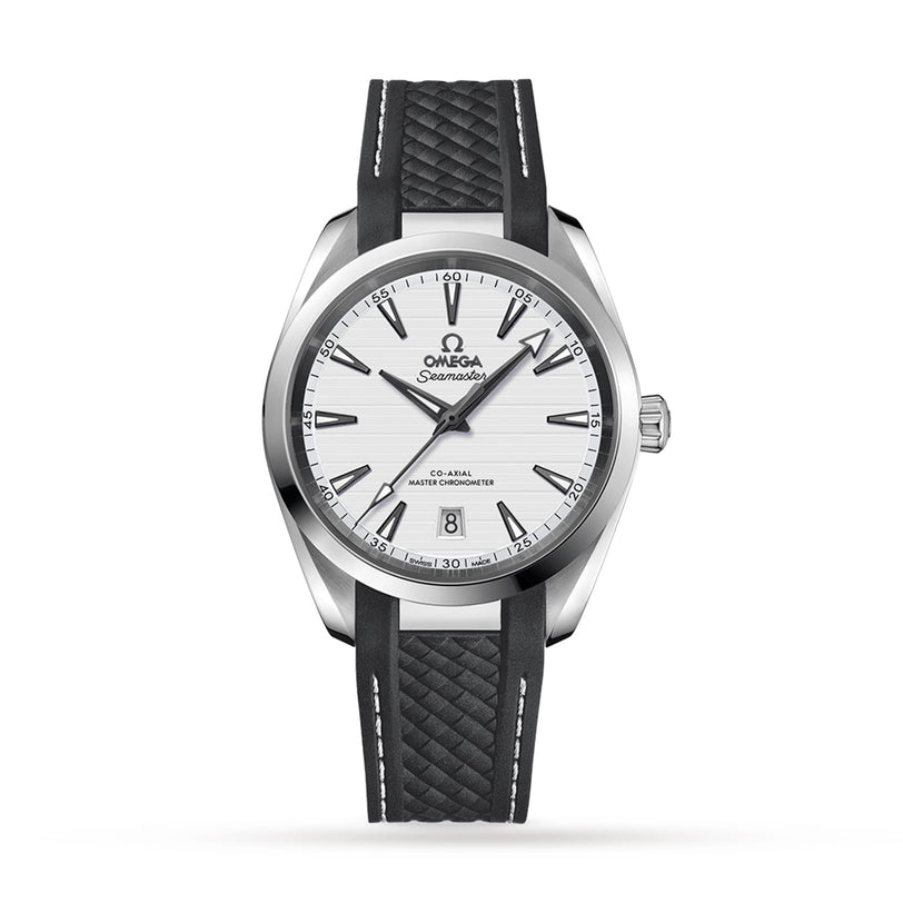 An OMEGA Seamaster Aqua Terra 150M watch with a silver case, white dial, black hour markers, date at 6 o’clock, and a textured black strap on a white background. Inspired by luxury sailboats and Master Chronometer certified.