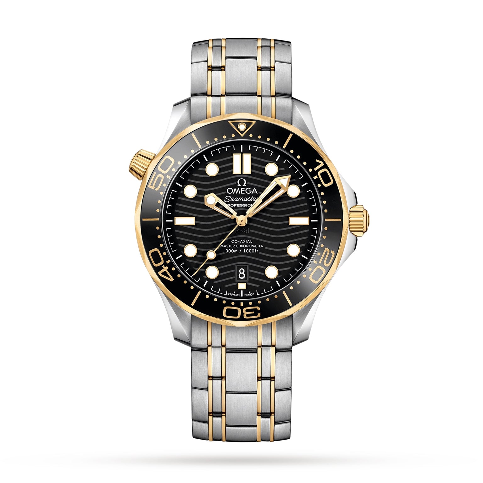 The OMEGA Seamaster Diver 300M features a black dial, gold bezel, luminescent markers, date at 6 o’clock, and a stainless steel and gold bracelet; certified Master Chronometer for exceptional precision and reliability.