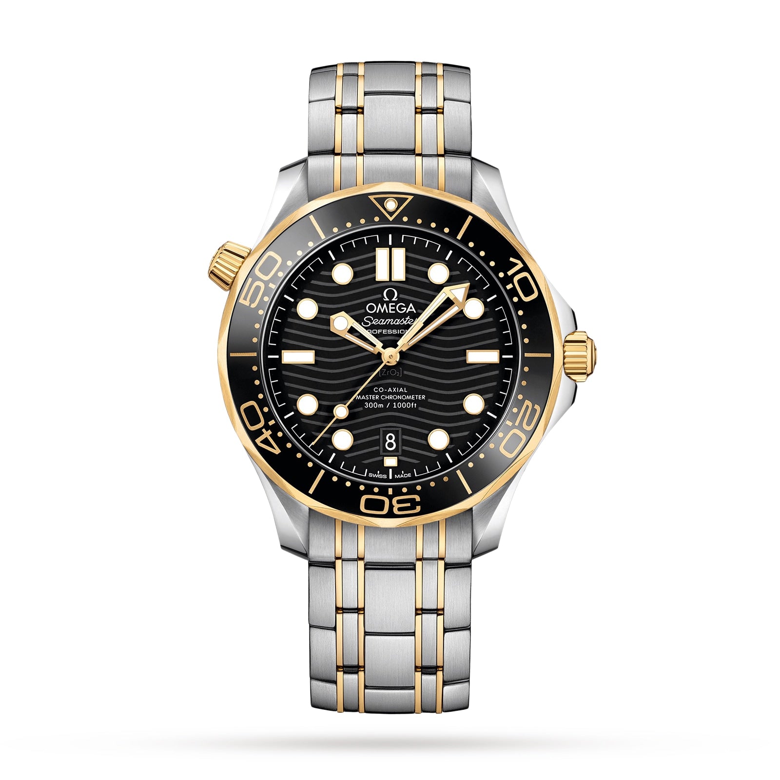 The OMEGA Seamaster Diver 300M features a black dial, gold bezel, luminescent markers, date at 6 o’clock, and a stainless steel and gold bracelet; certified Master Chronometer for exceptional precision and reliability.