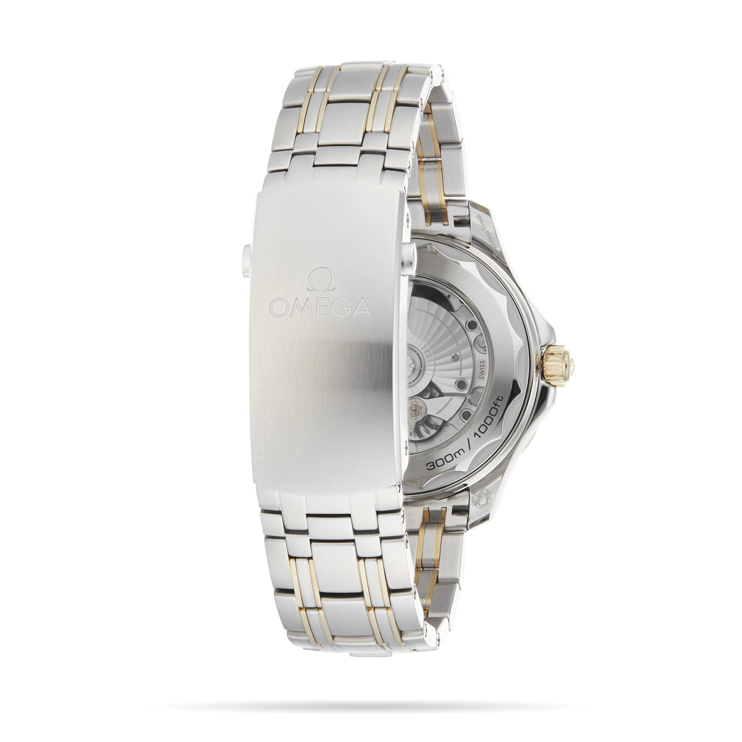 Back view of the OMEGA Seamaster Diver 300M, showing its two-tone stainless steel and gold bracelet, branded clasp with OMEGA logo, and a transparent case back revealing the Master Chronometer movement.