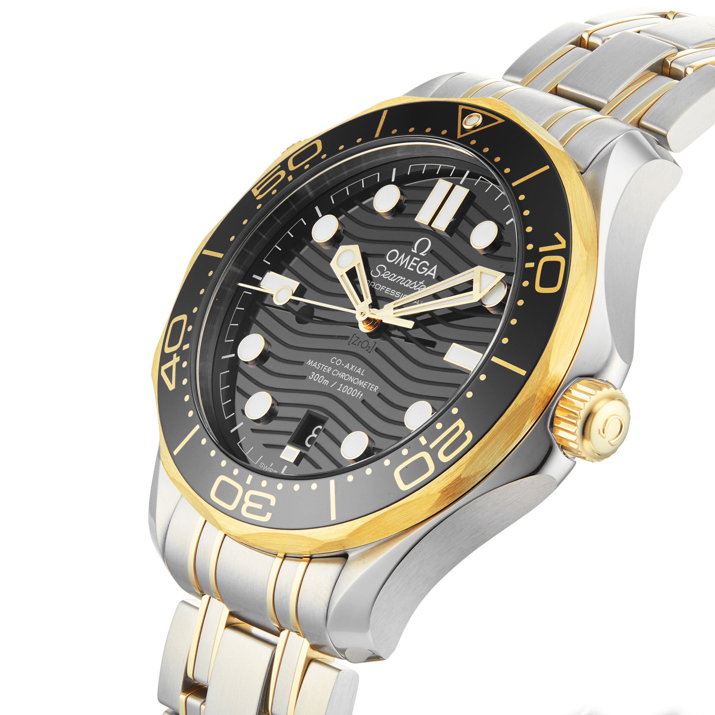 An OMEGA Seamaster Diver 300M watch in stainless steel and gold with a black dial, gold accents, and a unidirectional bezel, photographed at an angle on a white background.