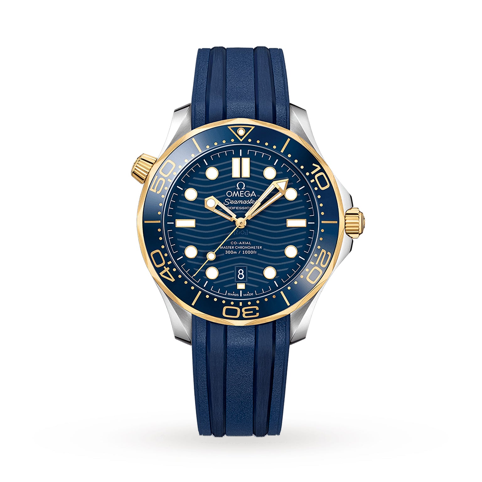 An OMEGA Seamaster Diver 300M with a blue rubber strap, gold bezel, blue wave-patterned dial, and Master Chronometer 8800 movement is displayed on a white background.