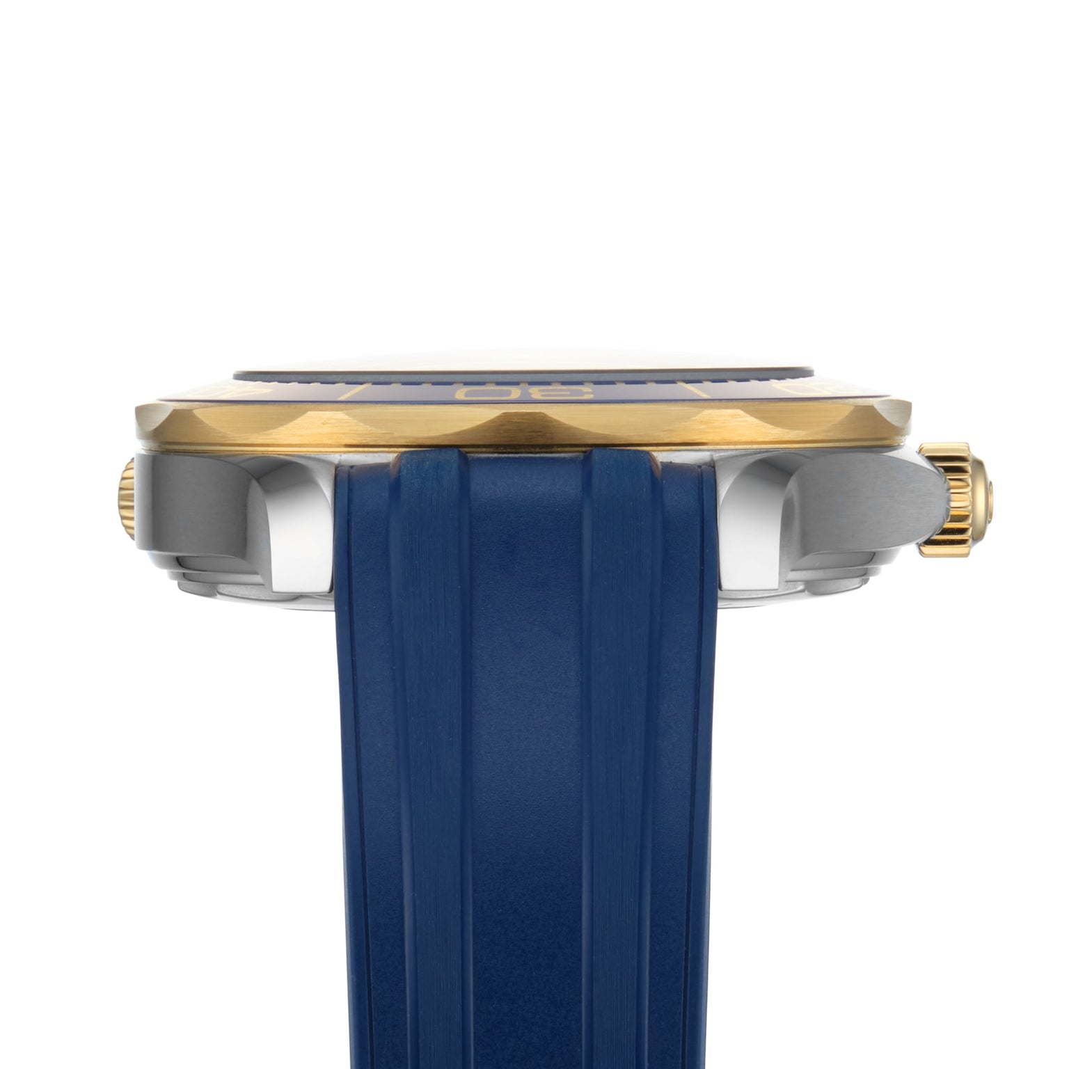 Side view of the OMEGA Seamaster Diver 300M, showcasing a blue rubber strap, two-tone silver and gold case, a gold crown, and the precision of the Master Chronometer 8800 calibre movement.