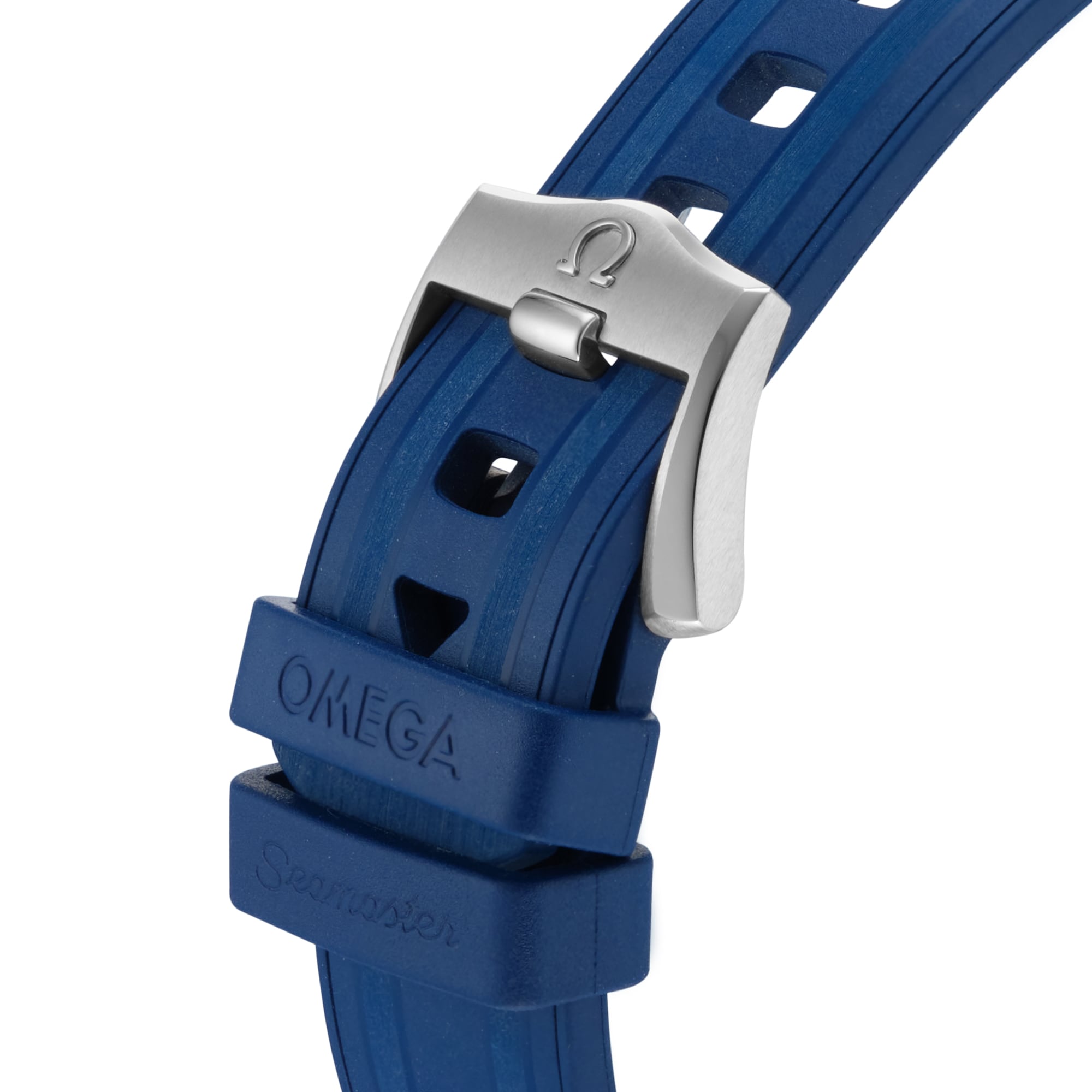Close-up of a blue OMEGA Seamaster Diver 300M watch strap with a stainless steel buckle engraved with the OMEGA logo, showcasing the precision of a Master Chronometer powered by the 8800 calibre movement.