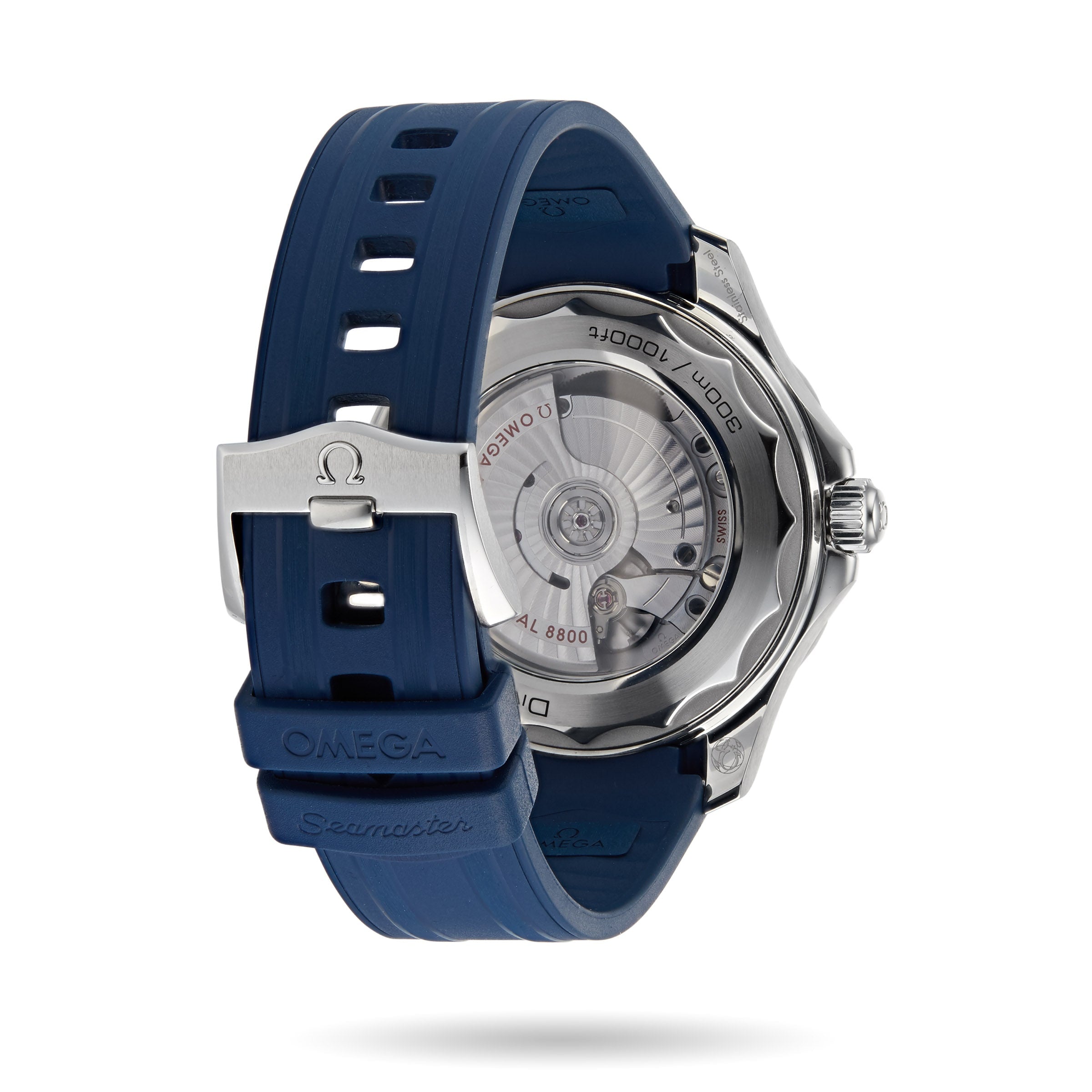 Back view of the OMEGA Seamaster Diver 300M, the James Bond watch, with a blue rubber strap, stainless steel buckle, and transparent case back showcasing the OMEGA Calibre 8800 movement.