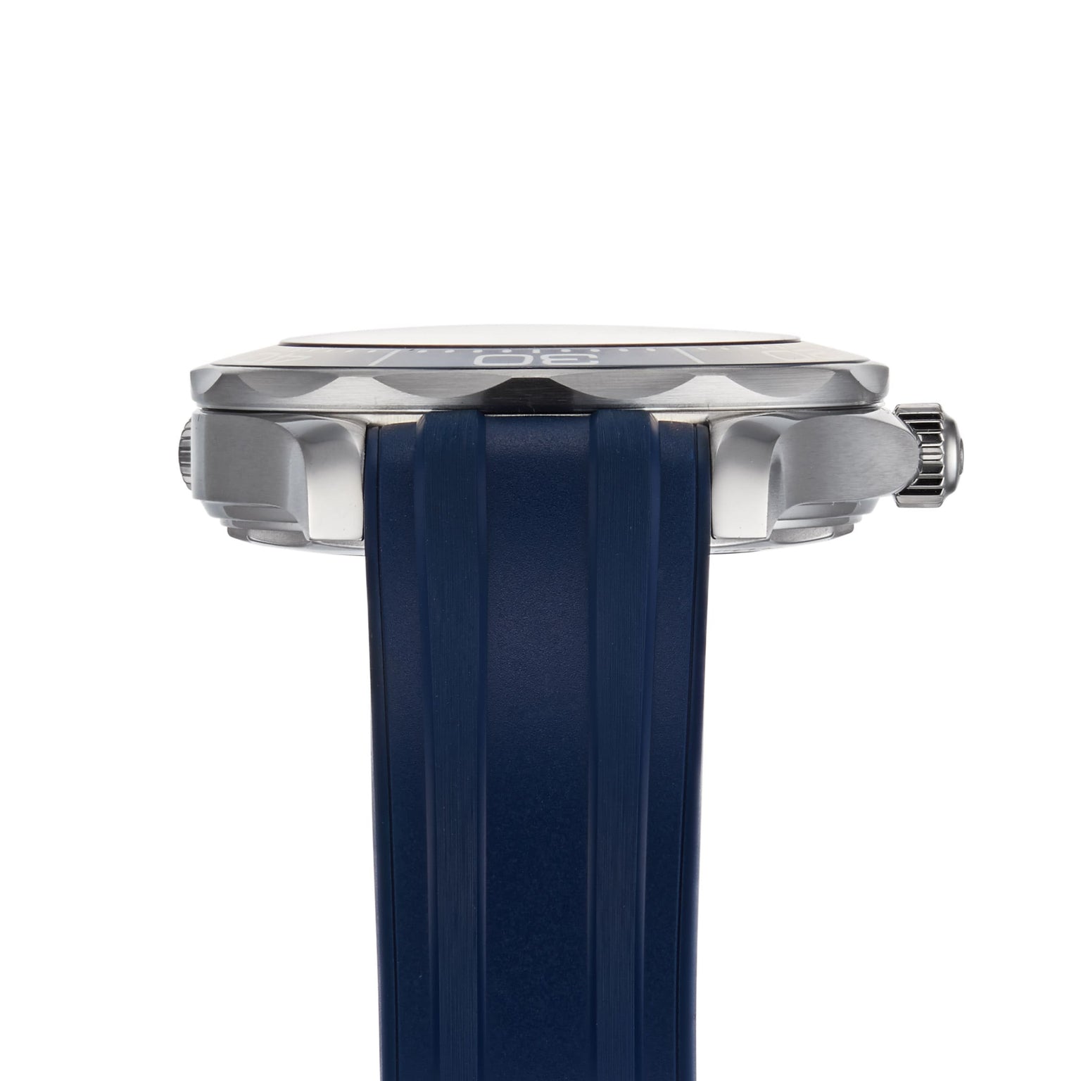 Side profile of the OMEGA Seamaster Diver 300M with a stainless steel case and blue rubber strap, showcasing the crown and pushers—an iconic watch powered by the OMEGA Calibre 8800 movement.