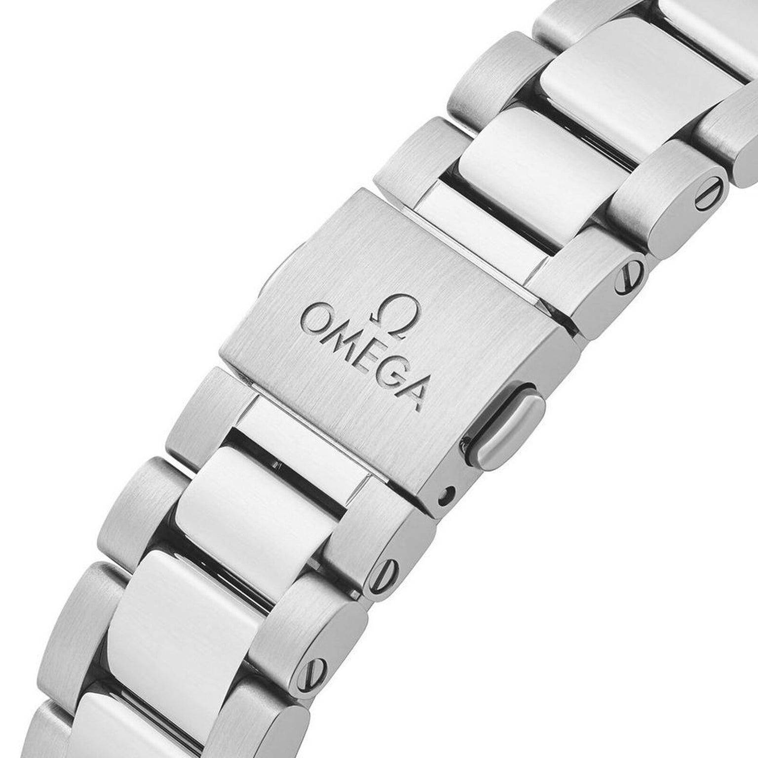 Close-up of an OMEGA Seamaster Aqua Terra 150M stainless steel bracelet clasp, showcasing the engraved OMEGA logo and brushed metal finish.
