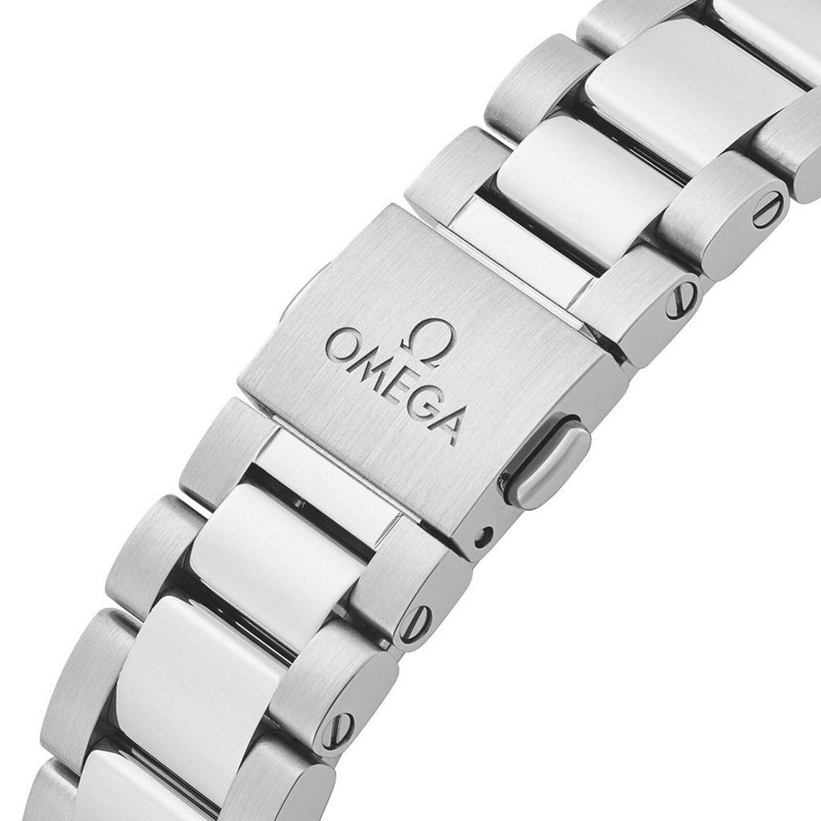 Close-up of an OMEGA Seamaster Aqua Terra 150M stainless steel bracelet clasp, showcasing the engraved OMEGA logo and brushed metal finish.