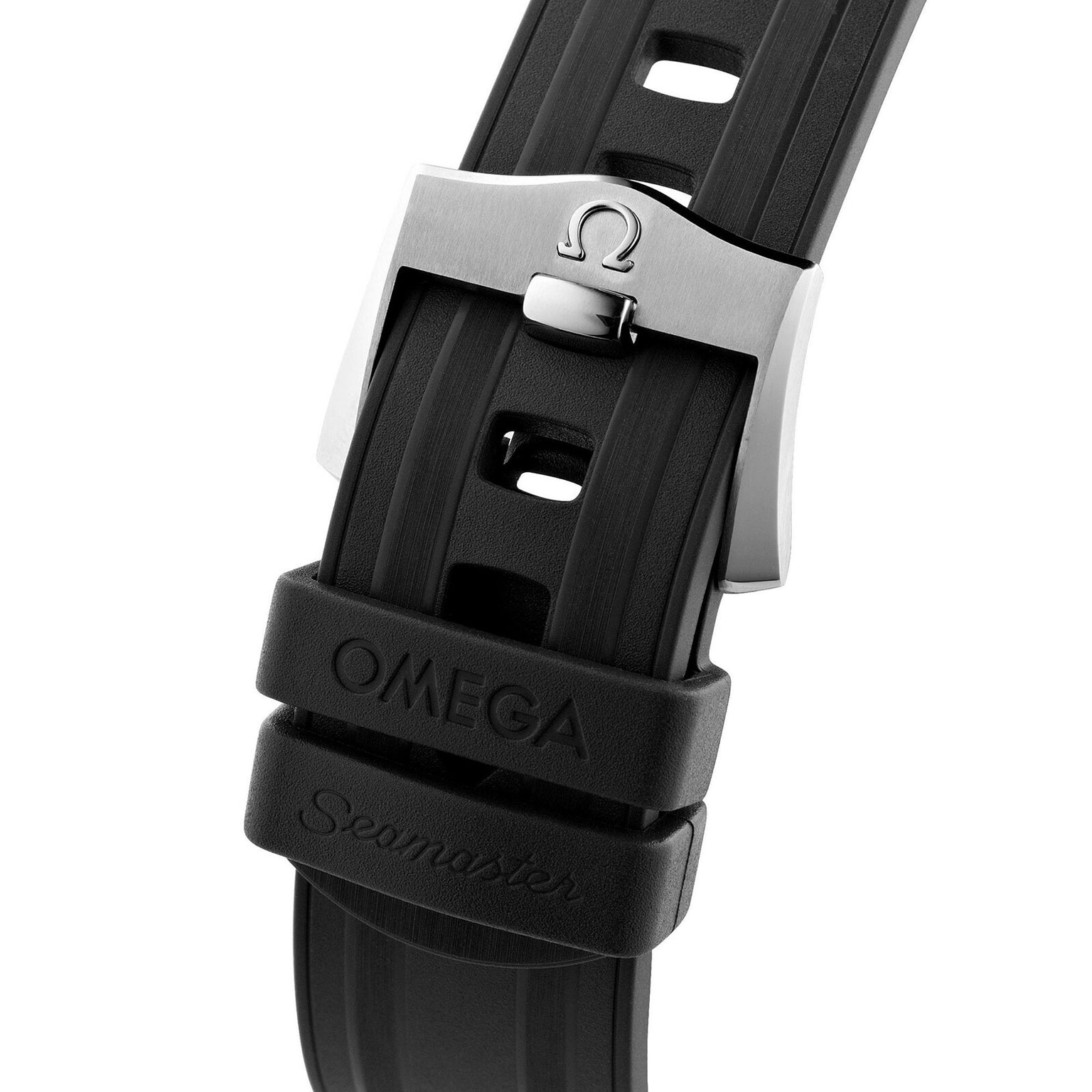 Close-up of an OMEGA Seamaster Diver 300M black rubber strap with a stainless steel buckle featuring the OMEGA logo, designed to complement your timepiece.