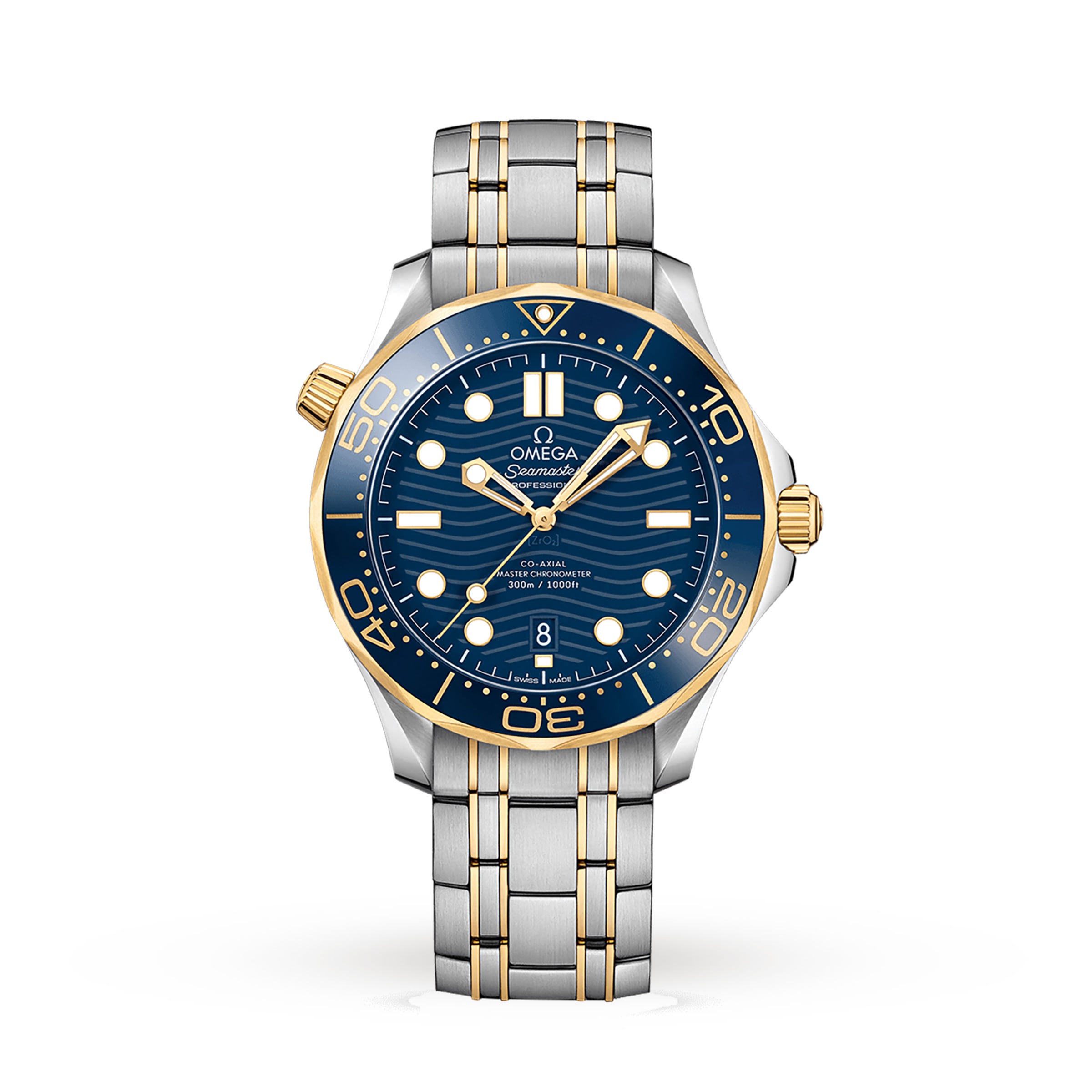OMEGA Seamaster Diver 300M wristwatch with a blue dial, gold and silver bezel, and gold-accented stainless steel bracelet. Features luminescent markers and hands powered by the OMEGA Calibre 8800 Master Chronometer.