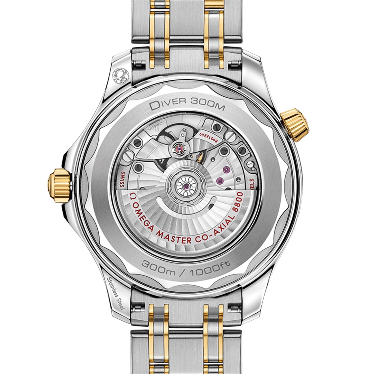 Close-up of the OMEGA Seamaster Diver 300M case back, highlighting Master Chronometer precision, Calibre 8800 movement, and detailed branding with engraved specifications.