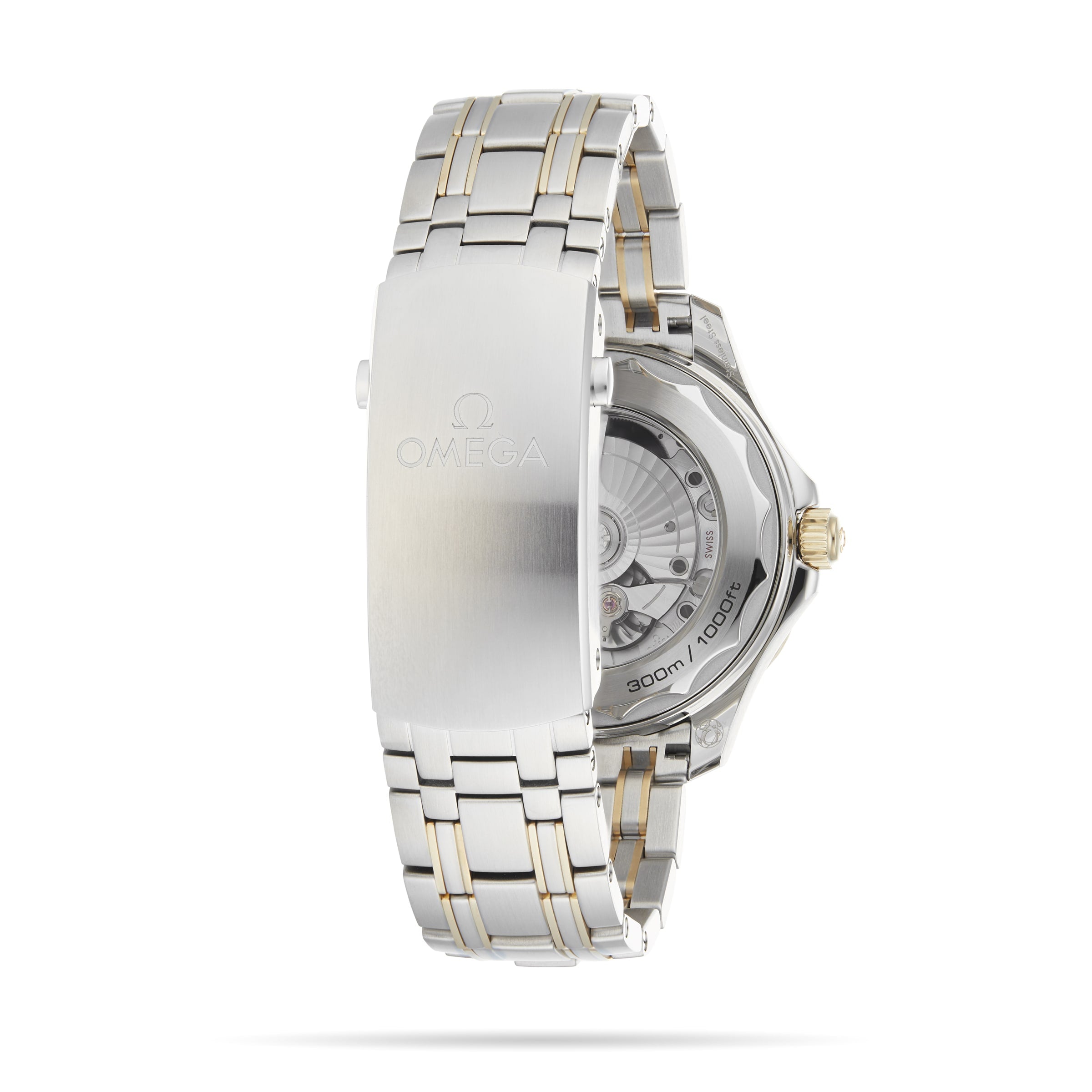 A close-up of the back of an OMEGA Seamaster Diver 300M wristwatch showcases the clasp with the OMEGA logo and the exposed Calibre 8800 movement, reflecting Master Chronometer precision.