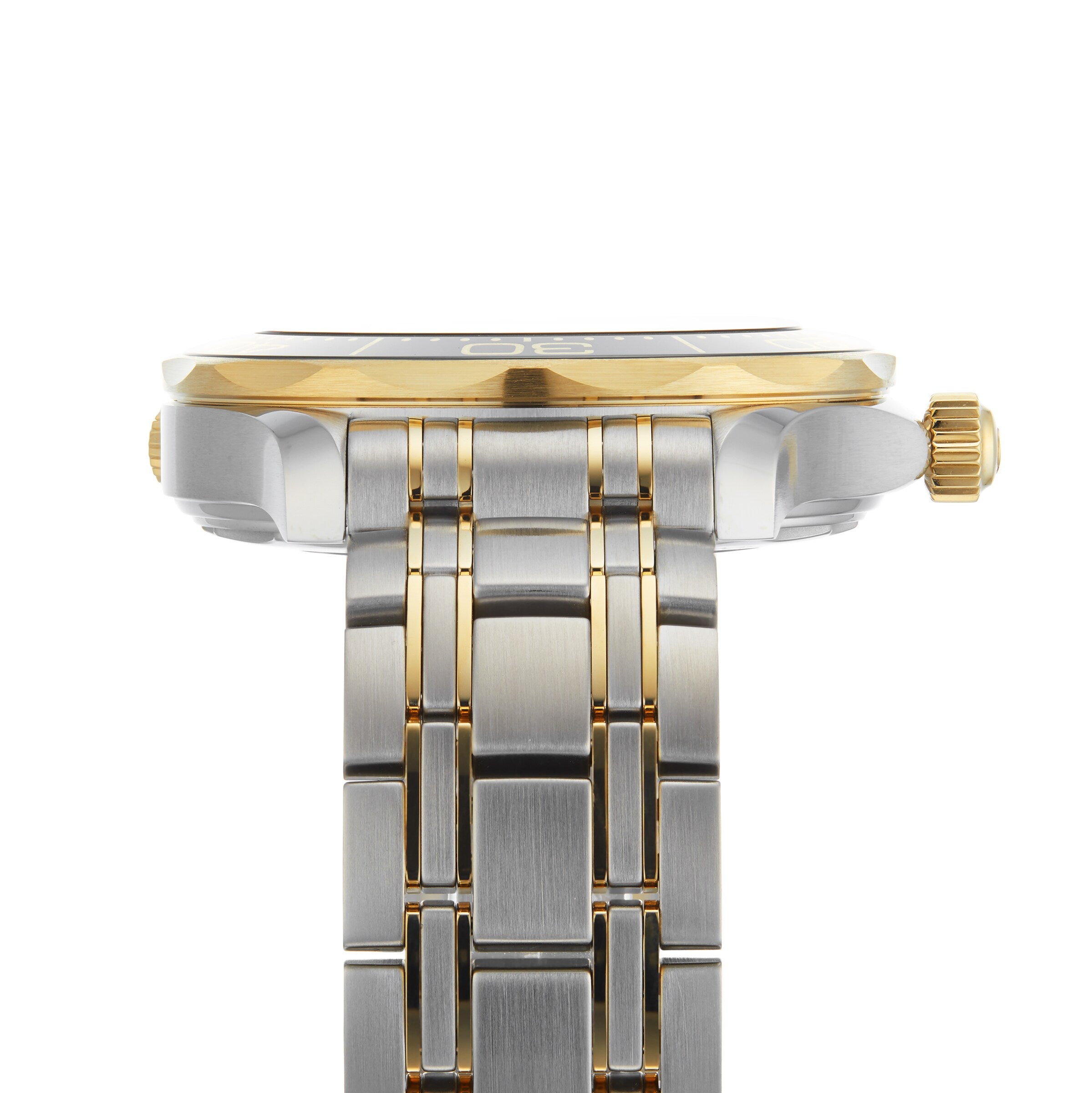 Side view of the OMEGA Seamaster Diver 300M in two-tone metal, showcasing a gold bezel, crown, and accents on a silver and gold bracelet—driven by the Master Chronometer Calibre 8800.