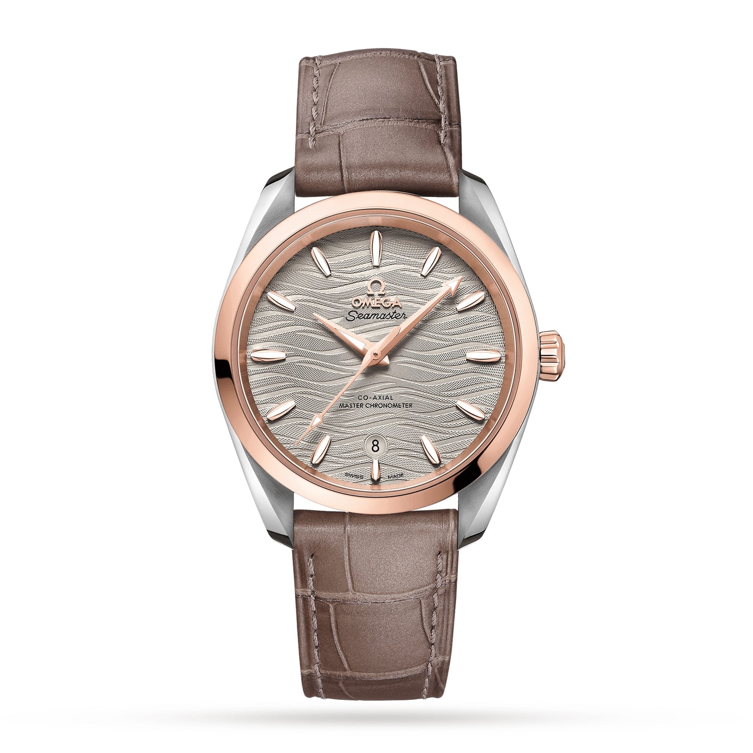 OMEGA Seamaster Aqua Terra 150M with taupe leather strap, silver wavy-pattern dial, 18K Sedna™ gold bezel, date at 6 oclock, and precision Calibre 8800 movement.
