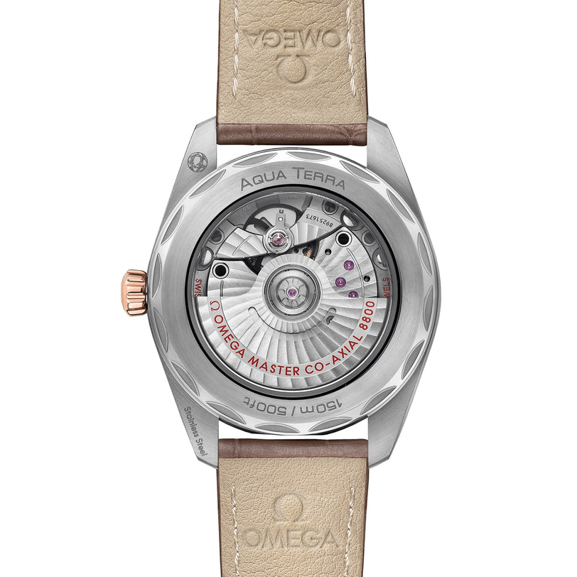 The OMEGA Seamaster Aqua Terra 150M features an exhibition case back that reveals its 8800 calibre movement, with decorative engravings encircling the transparent rear.