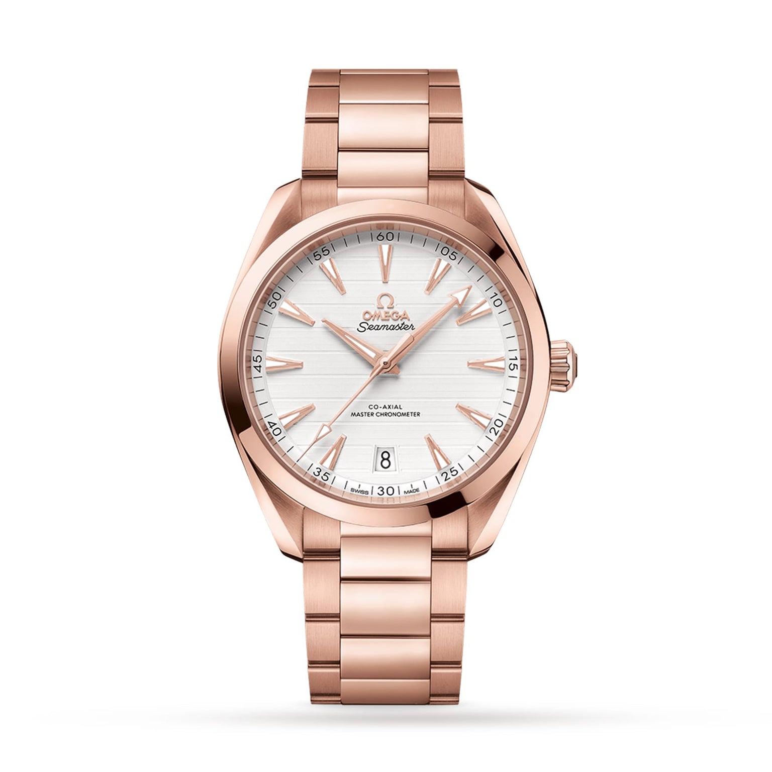 The OMEGA Seamaster Aqua Terra 150M, shown on a white background, features a rose gold case, silver dial, gold markers and hands, Master Chronometer 8901 calibre, date at 6 o’clock, and a metal link bracelet.