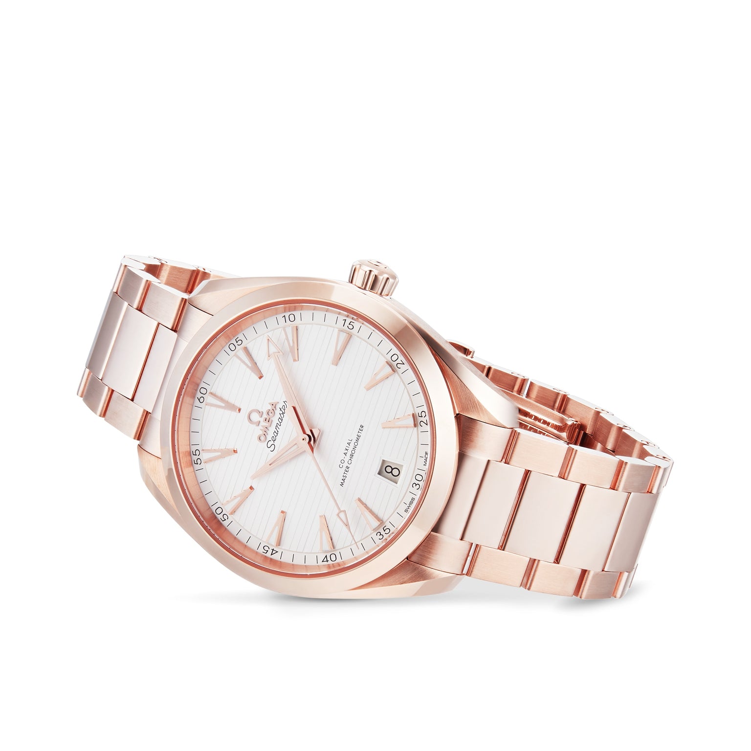 The OMEGA Seamaster Aqua Terra 150M in 18K Sedna™ gold features a white textured dial, gold hour markers, a date window at 3 o’clock, and a matching rose gold bracelet.