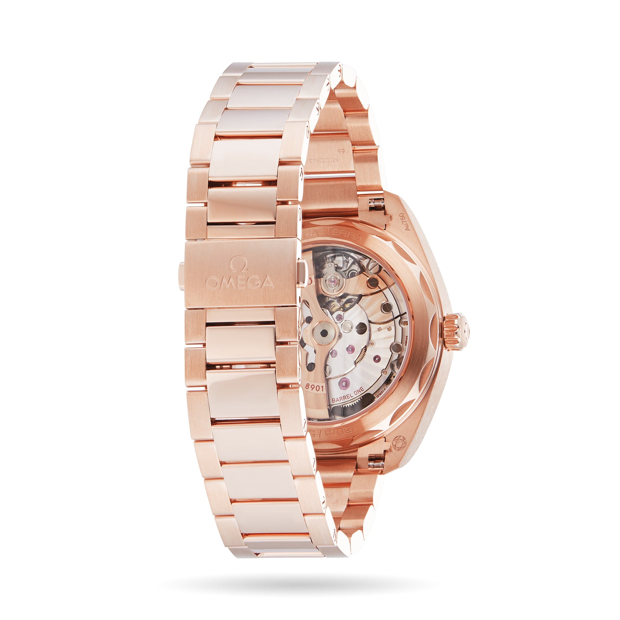 Rear view of the OMEGA Seamaster Aqua Terra 150M in 18K Sedna™ gold, featuring a transparent case back that reveals its Master Chronometer movement, paired with a polished metal bracelet.