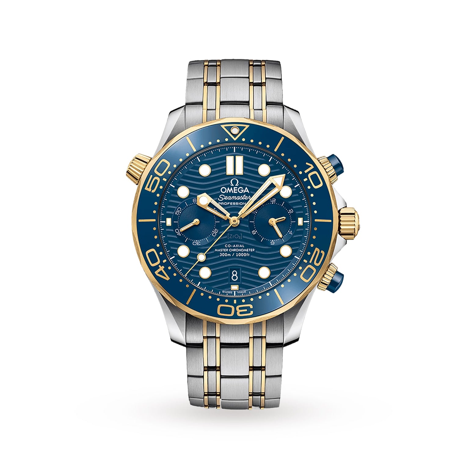 The OMEGA Seamaster Diver 300M features a blue dial, gold accents, and a stainless steel and gold bracelet, with chronograph subdials, rotating bezel, and is powered by the OMEGA Calibre 9900.